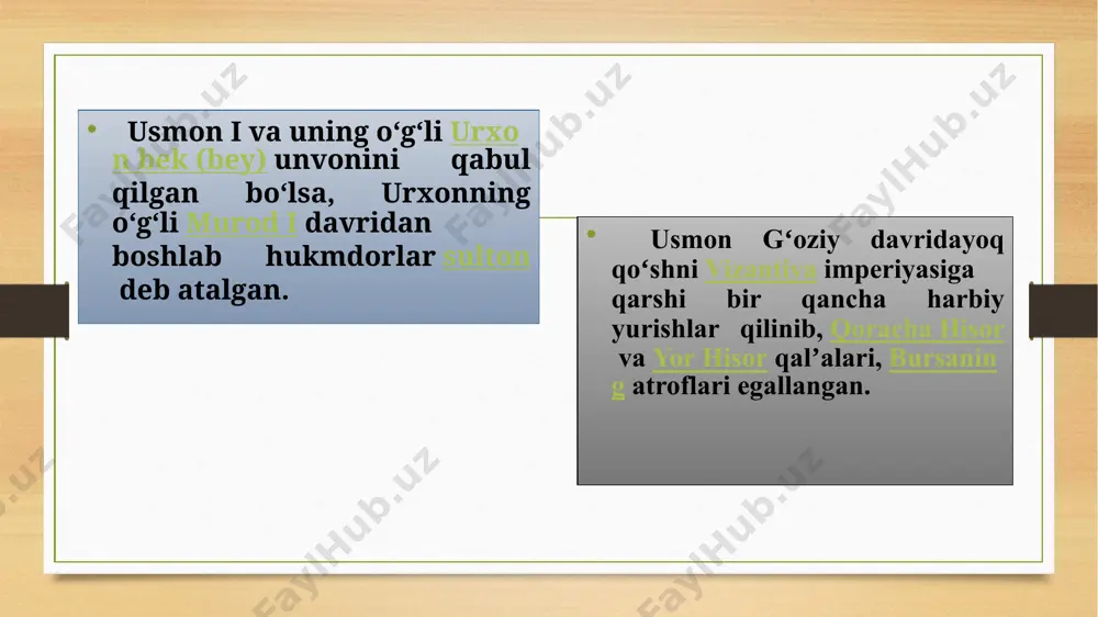 tlari oʻzaro ittifoq tuzib, usmonli imperiyasiga qarshi kurashga chogʻlanganlar. vena atrofida boʻlgan 2 jangda turk qoʻshini avstriya, olmoniya, polshaning birlashgan armiyasidan yengilgan (1683-yil). muntazam davom etib turgan rossiya -turkiya urushlari (1676-1681, 1684-1699, 1710-1711, 1768-1774, 1787-1791, 1807-1812, 1828-1829, 1853-1856, 1877-1878, 1914-1916 va boshqalar) oqibatida usmonli imperiyasi asta-sekin zaiflashib borgan. hatto bu paytda vahhobiylarning taʼsiri kuchayib, ular inglizlarning yordamida fors qoʻltigʻidagi el-xasa (1792), karbalo (1801), makka va madina (1803—1806)ni egallab, turklarga qarshi qirgʻin uyushtirgan. salim iii va mahmud ii hukmronliklari davrida saltanatni parchalanib ketishdan saqlab qolish uchun islohotlar oʻtkazilgan. sulton abdulmajid yana islohotlar (tanzimat) oʻtkazish (1839) orqali, bir tomondan, sultonlik inqirozini toʻxtatishga, ikkinchi tomondan, yangi turk ziyolilarini (ular oʻzlarini yangi usmonlilar deyishgan) shakllantirishga muvaffaq boʻldi. bu paytda boʻlgan qrim urushida turkiya oʻzining eski raqibi rossiya imperiyasi ustidan gʻolib chiqdi hamda qora dengiz va dunay daryosidagi mavqeini qayta tikladi. tanzimat va 1876-yilda qabul qilingan dastlabki konstitutsiya sulton abdulhamid ii tomonidan bekor qilingach (1878), …
