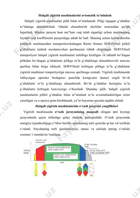 shi, qizil rangda naycha uyasida o’ram shakllanishi, yashil rang qismi naycha tanasi o’ralishi, ko’k rangda o’ram uchi, kulrang qismi naycha uchi shakllanishi va unga mos ravishda urchuq tezligining o’zgarishi ko’rsatilgan. urchuq tezligi bevosita mashina unumdorligiga ta‟sir ko’rsatib, ip tarangligi kamayishi bilan tezlik ko’tariladi. ta‟minlashda biror muammo paydo bo’lsa, mashina kompyuter boshqaruvi orqali to’xtatiladi. o’rash parametrlari, ya‟ni naycha balandligi, halqa diametri o’zgarishi ham nazarda tutilgan. odatda ingichka ip mayda naychalarda, yo’g’onroq ip yirikroq naychalarda, kattaroq halqalarda o’raladi. shunga mos ravishda ip o’ramlari barqarorligini saqlab, marsoli firmasi 1:38 konusli naycha o’rniga 1:64 konusli naychada ip o’rashni taklif etib, o’ramdagi ip massasini 10% va undan ko’p bo’lishiga erishgan (2-rasm a). naychaning balandligi 180mm dan 260 mm gacha o’zgarishiga qaramay pishitish uchburchagi balandligi o’zgarmasligini ta‟minlovchi mashina parametrlari qo’yilganligini ta‟kidlash lozim. mazkur echim natijasida ip shakllanishida uning strukturasi va xossalari o’zgarishining oldi olingan, ya‟ni strukturaviy notekislik manbai yo’qotilgan (2-rasm b). a b 2-rasm. kam konusli …