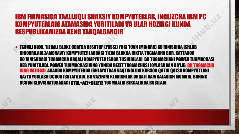 ar ekran matn kiritish holatida ishlab turgan bo'lsa, unda kursor o'chib-yonib turadigan vertikal chiziqcha yoki harfning ustiga tushadigan to'rtburchakka o'xshaydi va matn kursori deb nomlanadi. . agarda ekran grafik holatda ishlab turgan bo'lsa, unda kursor yonib-o'chib turadigan gorizontal chiziqchaga o'xshaydi. xullas, kursor ko'rinishi holatga qarab o'zgaradi. boshqarishga oid klavishlar har xil boshqarish vazifalarini bajaradi. ayrim klavishlar, masalan: capslock, numlock va scroll lock klavishlarining ishlash vazifasini o'zgartirib turadi. shift, ctrl, alt klavishlari boshqa klavishlar bilan birga ishlaydi. masalan, ctrl+alt+f degani ctrl, alt va f klavishlarini birdaniga bosishni bildiradi. fl dan f12 gacha bo'lgan klavishlar funktsional klavishlar deb nomlanadi. dastur tuzilishiga qarab, ushbu klavishlar har xil vazifalarni bajarishi mumkin. bular 12 ta bo'lishiga qaramasdan, ko'pincha fl dan f10 gachasi ishlatiladi. odatda fl klavishi yordamchi ma’lumotlarni olish uchun xizmat qiladi (spravochnik). quvvatlantirish manbai elektr ta'minoti tizim blokining yuqori orqa qismida joylashgan va tizim blokining barcha elementlari uchun bir nechta quvvat kabeliga ega bo'lgan …