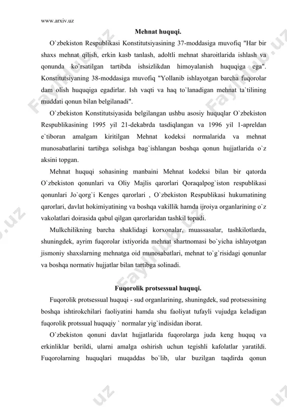 di, ularni amalga oshirish uchun tegishli kafolatlar yaratildi. fuqorolarning huquqlari muqaddas bo`lib, ular buzilgan taqdirda qonun hujjatlarida nazarda tutilgan usullar vositasida himoya qilinadi.fuqorolik huquqlarini himoya qiluvchi organlari orasida sud alohida o`rin tutadi. sud organlari o`zlariga taalluqli fuqorolik ishlarini qonunda belgilangan tartib va qoidalarga rioya qilgan holda ko`rib chiqadi va hal qiladi.fuqorolik ishlari bo`yicha odil sudlov chinakam demokratik asoslarda faqat sud tomonidan mustaqil ravishda amalga oshiriladi. fuqorolik sud ishlarini yuritish taraflaming tortishuvi va teng huquqliligi asosida amalgam oshiriladi. agar davlat yoki tijorat sirlarini saqlash manfaatlariga zid bo`lmasa, barcha sudlarda ishlar oshkora ko`riladi. ishda ishtirok etuvchi shaxslarning hayotiga taalluqli materiaallar oshkor bo`lishiga yo`l qo`ymaslik, shuningdek farzandlikka olish siri va yozishmalar sir saqlanishini ta`minlash maqsadida sudning asoslantirilgan ajrimiga binoan, ish sudning yopiq majlisda ko`rilishiga yo`l qo`yiladi. fuqorolik ishlari yakka tartibda va hay`at tomonidan ko`riladi. xo`jalik protsessual huquqi. xo`jalik protsessual huquqi mohiyati va vazifalari jihatidan fuqorolik protsessual huquqiga juda yaqin turadigan huquq tarmog`i bo`lib, …