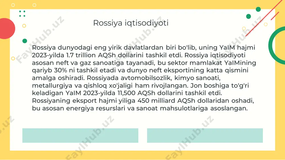 ishlab chiqaruvchilaridan biri bo'lib, yillik sharob eksporti 150 million aqsh dollarini tashkil etadi. jon boshiga to'g'ri keladigan yaim 2023-yilda 4,200 aqsh dollarini tashkil etdi. moldova iqtisodiyoti asosan yevropa ittifoqi va rossiya bozorlariga yo'naltirilgan. gruziya iqtisodiyoti gruziya yaim hajmi 2023-yilda 24 milliard aqsh dollarini tashkil etdi. asosiy tarmoqlari turizm, qishloq xo'jaligi va energetika hisoblanadi. gruziya turizm sektori yaimning qariyb 10% ni tashkil etadi va yiliga 9 milliondan ortiq sayyohni jalb qiladi. jon boshiga to'g'ri keladigan yaim 2023-yilda 6,500 aqsh dollarini tashkil etdi. gruziya eksportining asosiy qismini sharob, yong'oq va mis rudasi tashkil etadi. armaniston iqtisodiyoti armaniston yaim hajmi 2023-yilda 16 milliard aqsh dollarini tashkil etdi. asosiy tarmoqlari qishloq xo'jaligi, metallurgiya va xizmatlar sektoridir. armanistonda it sektori tez sur'atlar bilan rivojlanmoqda, bu soha mamlakat eksportining muhim qismini tashkil qiladi. jon boshiga to'g'ri keladigan yaim 2023-yilda 5,400 aqsh dollarini tashkil etdi. armanistonning eksport mahsulotlari orasida mis, oltin va to'qimachilik mahsulotlari mavjud. ozarbayjon iqtisodiyoti …