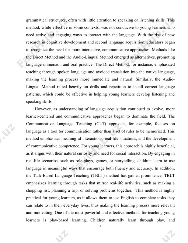 a set of rules to be memorized. this method emphasizes meaningful interactions, real-life situations, and the development of communicative competence. for young learners, this approach is highly beneficial, as it aligns with their natural curiosity and need for social interaction. by engaging in real-life scenarios, such as role-plays, games, or storytelling, children learn to use language in meaningful ways that encourage both fluency and accuracy. in addition, the task-based language teaching (tblt) method has gained prominence. tblt emphasizes learning through tasks that mirror real-life activities, such as making a shopping list, planning a trip, or solving problems together. this method is highly practical for young learners, as it allows them to use english to complete tasks they can relate to in their everyday lives, thus making the learning process more relevant and motivating. one of the most powerful and effective methods for teaching young learners is play-based learning. children naturally …