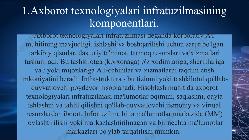shni va tahlil qilishni qo'llab-quvvatlovchi jismoniy va virtual resurslardan iborat. odatda standart at infratuzilmasi quyidagi tarkibiy qismlardan iborat texnik ta`minot: serverlar, kompyuterlar, ma'lumotlar markazlari, kommutatorlar, hublar va routerlar va boshqa uskunalar dasturiy ta'minot: korxona resurslarini rejalashtirish (erp), mijozlar bilan munosabatlarni boshqarish (crm), korxona samaradorligini oshirishga oid dasturlar va boshqalar. tarmoq: tarmoqqa ulanish, internetga ulanish, tarmoqlar aro ekran va xavfsizlik oxirgi foydalanuvchilar: har qanday at-qurilmaga yoki xizmatga kirish huquqiga ega bo'lgan tarmoq ma'murlari (admin), ishlab chiquvchilar, dizaynerlar va kompaniya xodimlari kabi foydalanuvchilar ham at infratuzilmasining bir qismidir. 2. iqtisodiy masalalarni еchish jarayonida foydalaniladigan axborotlarni kiritish, chiqarish va saqlash qurilmalarning zamonaviy turlari. kompyuterning tizimli bloki elektr ta`minlovchi blok videokarta portlar kengaytiruvchi slot ona platasi prosessor tezkor xotira vinchester disketa uchun diskavod сd (dvd) diskovod zamonaviy kompyuterlar ko’p qismlardan iborat bo’lib, ularda har bir uskunaning o’z vazifasi mavjud. gorizontal: · desktop (533 x 419 x 152) · footprint (406 x 406 x 152) …