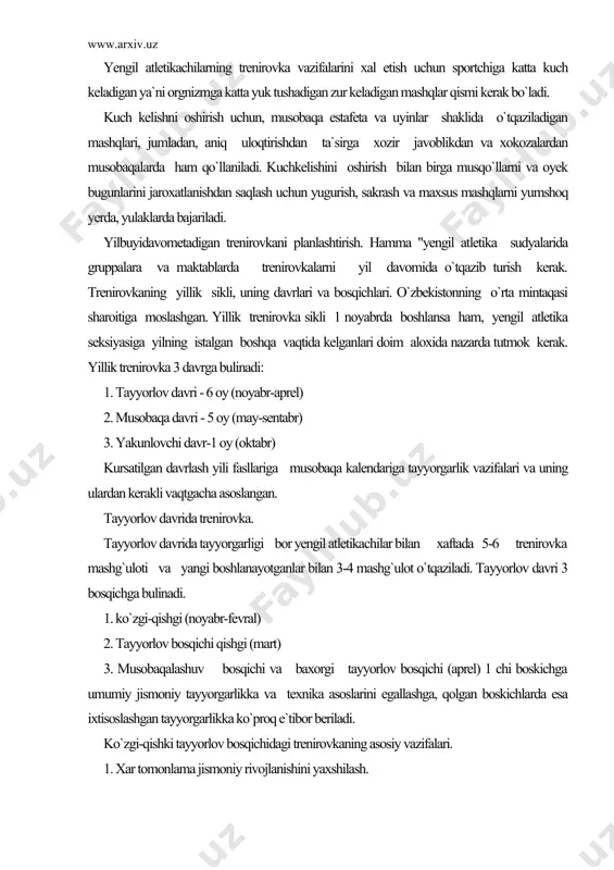 v davrida tayyorgarligi bor yengil atletikachilar bilan xaftada 5-6 trenirovka mashg`uloti va yangi boshlanayotganlar bilan 3-4 mashg`ulot o`tqaziladi. tayyorlov davri 3 bosqichga bulinadi. 1. ko`zgi-qishgi (noyabr-fevral) 2. tayyorlov bosqichi qishgi (mart) 3. musobaqalashuv bosqichi va baxorgi tayyorlov bosqichi (aprel) 1 chi boskichga umumiy jismoniy tayyorgarlikka va texnika asoslarini egallashga, qolgan boskichlarda esa ixtisoslashgan tayyorgarlikka ko`proq e`tibor beriladi. ko`zgi-qishki tayyorlov bosqichidagi trenirovkaning asosiy vazifalari. 1. xar tomonlama jismoniy rivojlanishini yaxshilash. 2. tanlangan yengil atletika turiga moslab kuch, tezkorlik va boshqa jismoniy fazilatlarni rivojlantirish. 3. axloqiy va irodaviy fazilatlarni tarbiyalashni davom ettirish. 4. texnikani bilib olish va uni takomillashtirish. 5. tanlangan yengil atletika turi, shuningdek gigiyena va o`z-o`zini nazorat qilish nazariyasi va metodikasi soxasida bilim olishva uni oshirish. qishki musobaqalashuv bosqichidagi trenirovkaning asosiy vazifalari. 1. xar tomonlama jismoniy rivojlanishini yaxshilash. 2. tanlangan yengil atletika turiga moslab, ko`chni, egiluvchanlikni, chaqqonlikni yanada rivojlantirish. 3. texnikani takomillashtirish. 4. irodaviy fazilatlarni tarbiyalash. 5. jismoniy tayyorgarlikda maxsus …
