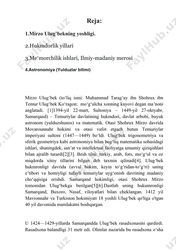 aga qarshi yurish qildi va murgʻobda jangda u bilan uchrashdi. u oʻz jiyani ustidan gʻalaba qozonib, 1448-yilda hirotga qarab yurdi. biroq alouddavlaning ukasi abulqosim bobur mirzo unga yordamga keldi va ulugʻbekni magʻlub etdi. ulugʻbek balxga chekindi va u yerda uning hokimi, toʻngʻich oʻgʻli abdullatif mirzo isyon koʻtarganini bildi. yana ichki urush boshlandi. abdullatif amudaryo boʻyida otasining qoʻshinini kutib olish uchun qoʻshin toʻpladi . biroq ulugʻbek shahardagi notinchlik xabarini eshitib, hech qanday jang boʻlmasdan turib samarqandga chekinishga majbur boʻladi. abdullatif tez orada samarqandga yetib boradi va ulugʻbek beixtiyor oʻgʻliga taslim boʻladi. abdullatif otasini hibsdan ozod qilib, makkaga haj qilishiga ruxsat berdi. biroq, manziliga yetib bormasdan turib otasi va ukasi abdulazizni ham 1449-yilda qatl qildirdi. meʼmorchilik ishlari mirzo ulugbekga tegishli boʻlgan nefrit ajdarho kosasi mirzo ulugʻbekning samarqanddagi observatoriyasi mirzo ulugʻbek davrida samarqand gullab-yashnadi. uning farmoyishi bilan 1417-yilda buxoroda, 1420-yilda samarqandda va 1433-yilda gʻijduvonda madrasalar barpo etildi. marv shahrida xayriya muassasalari qurildi. bibixonim …