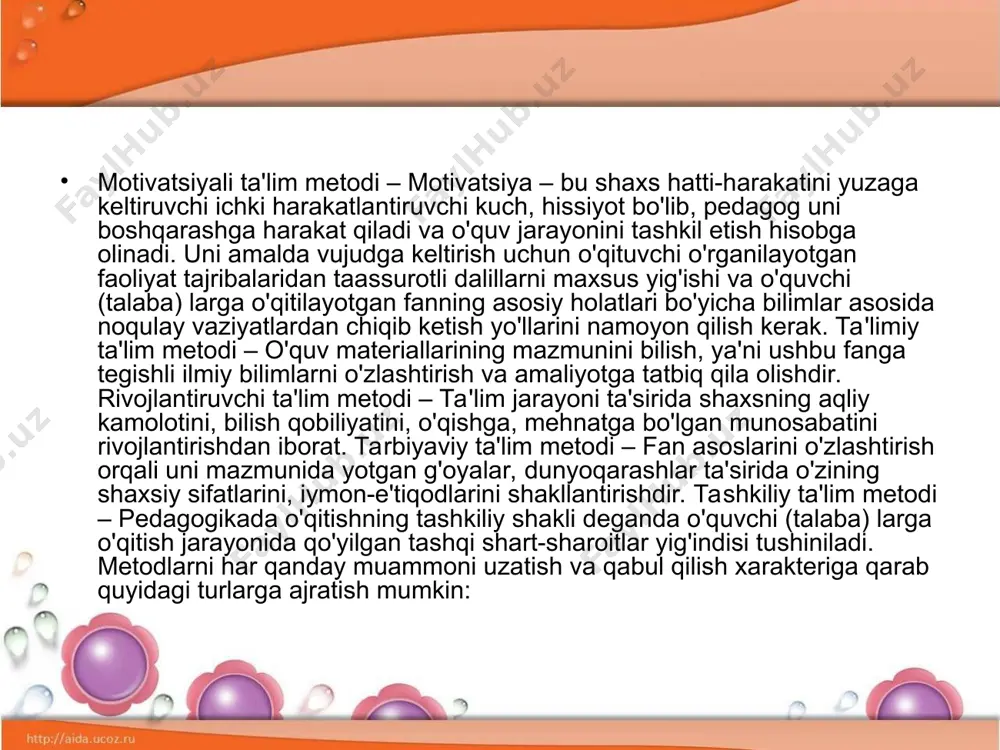 qiziqish uni faol o'zlashtirishga ehtiyoj uyg'otadi, darsga befarqlik, loqaydlikni yo'qotib, bilim olish maqsadini hosil qiladi. o'quv materialini tushuntirish – o'qituvchining masala, qonun-qoidalarini doskaga yozishdan, tajriba ko'rsatishdan keng foydalangan holda izchillik bilan bayon qilishidir. tushuntirishda asosiy o'rinni isbotlash, mulohaza qilish egallaydi. bu esa o'quvchilarning o'quv materialini osonlik bilan o'zlashtirib olishlariga, mustaqil fikr yuritishlariga zamin tayyorlaydi. maktab ma'ruzasi. maktab ma'ruzasi asosan yuqori sinflarda qo'llaniladi. ma'ruza jarayonida mavzu sidirg'a bayon qilinsa ham, o'quv materialini og'zaki bayon qilish metodining boshqa turlari, xususan hikoya qilish va tushuntirishlardan ham foydalanish mumkin. maktab ma'ruzasi – bir soatlik mashg'ulot davomida o'rganilayotgan mavzuning haqiqiy mohiyatini ochib berish, unda ilgari surilgan g'oyalar asosida ilmiy xulosalar chiqarish va ularni umumlashtirish asosida bilimlarni muayyan izchillikda bayon etishdir. suhbat – atroflicha o'ylangan savollar yordamida o'qituvchi bilan o'quvchilar orasidagi suhbatni ko'zda tutib, u o'quvchilarning fikrlash tizimini yangi tushunchalar va qonuniyatlarni o'zlashtirishga olib keladi. suhbat metodi aksariyat hollarda savol-javob metodi deb ham yuritiladi. chunki, ushbu …
