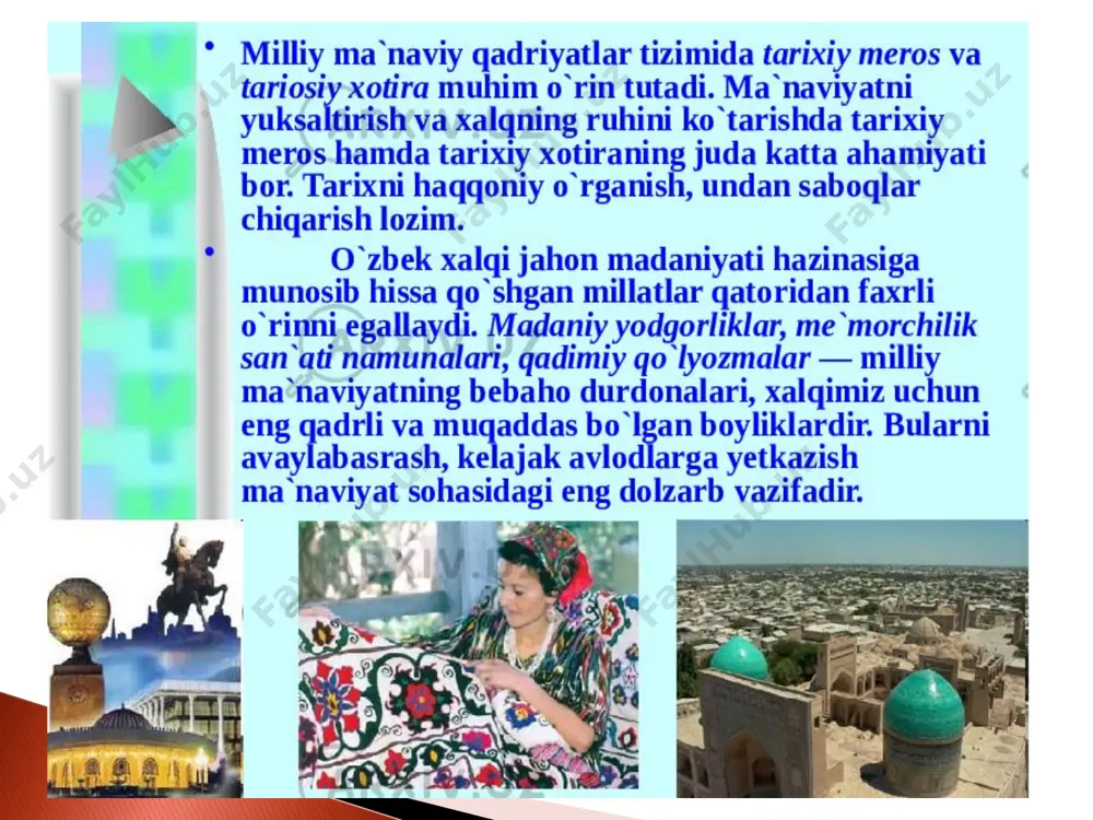 keng ko‘lamli ishlarni, hozirgi dunyoda o‘zbekistonning roli va o‘rnini chuqur o‘rganish va yaqqol ochib berish ushbu fanning muhim vazifalaridan biri hisoblanadi. o‘zlikni anglash – tarixni bilishdan boshlanadi ➢ ilmiy, o‘quv, o‘quv-metodik adabiyotlarning yangi avlodini tayyorlash va chop etish ishlarini muvofiqlashtirish, ularda o‘zbekistonning eng yangi tarixini umumjahon va mintaqaviy jarayonlar bilan, shuningdek, hozirgi o‘zbekiston hududida shakllangan xalqlar va davlatlar sivilizatsiyasining tarixiy-madaniy merosi bilan uzviy bog‘liq holda ko‘rib chiqishni ta’minlash belgilab berilgan. o‘zlikni anglash – tarixni bilishdan boshlanadi fuqarolarda tarixiy xotira, milliy o‘zlikni anglash, yuksak ma’naviyat, xalqning tarixiy an’analari, madaniy merosiga hurmat, mamlakatimiz mustaqillikka erishganligining buyuk tarixiy ahamiyatini anglash kabi fazilatlarni shakllantirish borasida ushbu jarayonlarning rivojlanish evolyutsiyasini ma’ruza va amaliyot darslarida ochib berish muhim sanaladi. o‘zlikni anglash – tarixni bilishdan boshlanadi o‘zbеkistonning eng yangi tarixi fani predmeti ob’ekti • mamlakatimiz mustaqillik yillarida ro‘y bergan ijtimoiy-siyosiy, iqtisodiy va madaniy jarayonlar yaxlitlik, uzviylik va o‘zaro aloqadorlikda o‘rganiladi • mustaqilliy yillarida mamlakatimiz hududida kechgan ijtimoiy-siyosiy, …