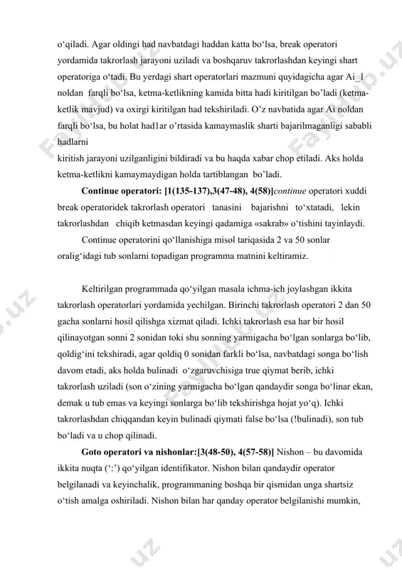 ’) qo‘yilgan identifikator. nishon bilan qandaydir operator belgilanadi va keyinchalik, programmaning boshqa bir qismidan unga shartsiz o‘tish amalga oshiriladi. nishon bilan har qanday operator belgilanishi mumkin, shu jumladan e’lon operatori va bo‘sh operatori ham. nishon faqat funksiyalar ichida amal qiladi. nishonga shartsiz o‘tish goto operatori yordamida bajariladi. goto operatori orqali faqat uning o‘zi joylashgan funksiya ichidagi operatorlarga o‘tish mumkin. goto operatorining sintaksisi quyidagicha: goto ; ayrim hollarda, goto operatorining «sakrab o‘tishi» hisobiga xatoliklar yuzaga kelishi mumkin. masalan, operatorlarining bajarilishi xatolikka olib keladi, chunki e’lon qilinishi qoladi. shartsiz o‘tish operatori programmani tuzishdagi kuchli va shu bilan birga xavfli vositalardan biri hisoblanadi. kuchliligi shundaki, uning yordamida algoritmning «boshi berk» joylaridan chiqib ketish mumkin. ikkinchi tomondan, bloklarning ichiga o‘tish, masalan takrorlash operatorlarini ichiga «sakrab» kirish kutilmagan holatlarni yuzaga keltirishi mumkin. shu sababli, imkon qadar goto operatoridan foydalanmaslik kerak, ishlatilgan taqdirda ham qo’yidagi qoidaga amal qilish zarur – blok ichiga, if…else va switch operatorlari …