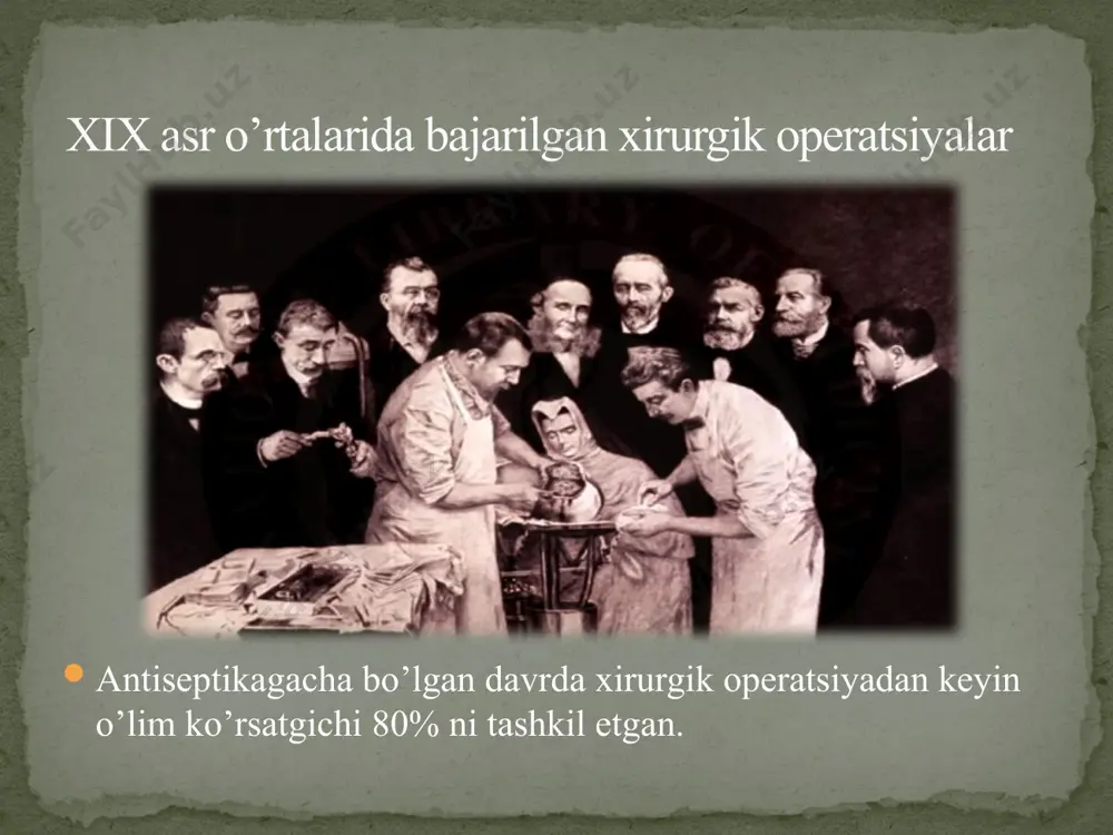 ardan) ekzogen kontaminatsiya yo’llari: kontakt (to'g'ridan-to'g'ri infektsiya manbasidan); uzunligi bo'yicha (mushaklararo fastsiya yotoqlari); gematogen (qon tomirlari orqali) limfogen (limfa tomirlari orqali) endogen kontaminatsiya yo’llari: operatsiyadan oldin bemorni tekshirish; surunkali infektsiya o'choqlarini sanatsiya qilish; oshqozon-ichak traktini tayyorlash; nafas yo'llarini tayyorlash; kovak organlarning ochilishida chegaralanish; ochilgan kovak organning bo’shlig’iga ishlov berish. endogen infektsiyaning oldini olish 1. havoning ifloslanishining oldini olish: jarrohlik bo'limlarining joylashuvi; bemorlar oqimini ajratish; operatsion blokning sxemasi va qurilishi; jarrohlik bo'limi va operatsion blok ishini tashkil etish tizimi ekzogen infektsiyaning oldini olish: steril zona: operatsiya xonalari va asboblar uchun sterilizatsiya xonasini o'z ichiga oladi; operatsiya guruhining xodimlari ushbu hududga faqat sanitariya nazorati punkti va operatsiyadan oldingi xona orqali kirishlari mumkin; steril zonaning chegarasi polda qizil chiziq bilan belgilangan, uni faqat maxsus operatsion kiyimda, poyabzalda va niqobda kesib o'tishga ruxsat beriladi; operatsiya paytida operatsiya xonasiga lozim bo’lmaganda kirish taqiqlanadi. qat’iy rejim zonasi: operatsiyadan oldingi, yuvish, anestetik. cheklangan zona: qon saqlash xonasi, …