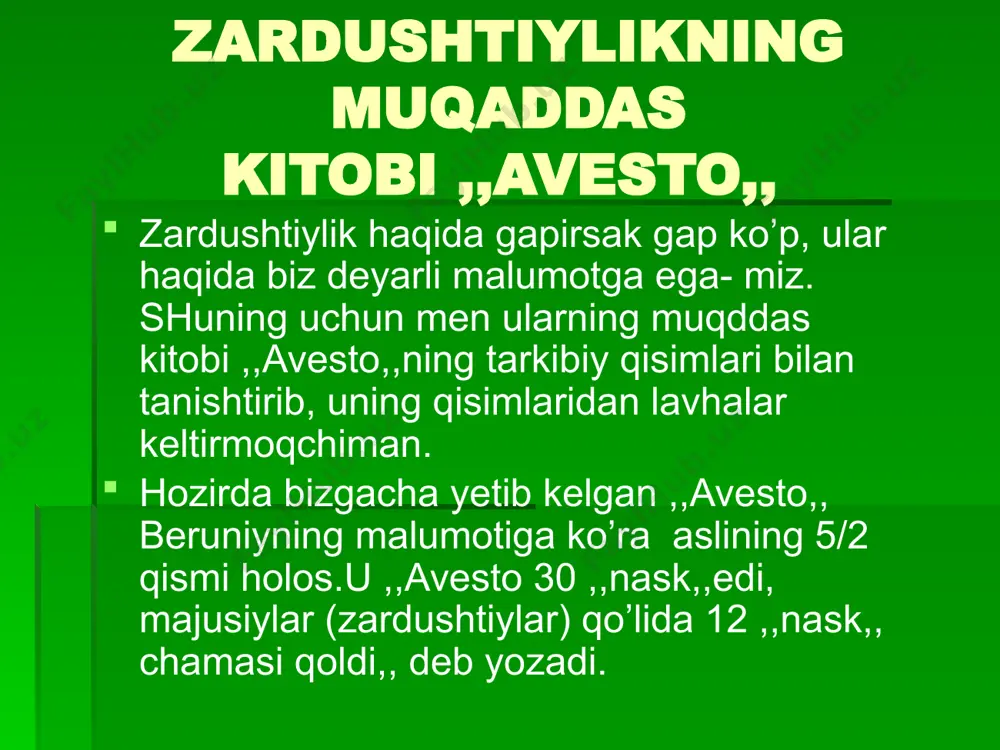 kligini yangilovchi va sening bo’lmish ahuraviylar bilan birga yashomoqni istaymiz,, ,,yasna,, 30-hot. buy ,,ey, ulviy olamning urug’-asosi,bunyodi,,. ,,iptidoda yozib qo’llarim bilan senga namoz keltiramen… ,,haqiyqatni va ezgu niyatni yangi etiqod qo’shig’i deb qabul ayladim ,, ,,yasna,, 28- hot. dev ,,iptidoda bu ikki tug’ishgan nomzodlar andisha, kalom va amalda biri- ezgulik, birisi yomonlik o’zaro suhbat quradilar,, ,,yasna,, 30-hot. er-hotin ,,har bir er va ayol o’zi durust va yaxshi deb bilgan narsasiga amal qilishlari va boshqalarni ham ogohlantirishlari hamda ular ham o’sha narsaga amal qilishlari kerak,, ,,yetti buyuk yasht,, havf ,, o’shanda sen unga (odamzodga) yo’l tanlash ozodligini inom etding, toki haqiyqat rahbariga yohud yolg’on sarvariga itoat aylasin,, ,,yasna,, 31-hot. hayot: ,,porlaguvchi oppoq kumushdek odamlarni yo’q ko’lankasi. koinotning kengliklaridan yelib borar yildirim kabi,, ,,mehr yasht,, kopsat tiriklikka darmon baxsh etuvchi malhamni menga oshkor aylagil izn bergil ilohiy kalom va ezgu niyat sening irodangni muvofiq istalgan kimsaga yuz ko’rsatsin,, ,,yasna,, 44-hot. mitra meni …