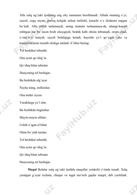 avval o`yla – keyin so`yla; bola aziz – odobi undan aziz; inson odobi bilan, osmon oftobi bilan; odob bozorda sotilmas; odobning boshi til; otang bolasi bo`lma, odam bolasi bo`l; yaxshi xulq kishining xusni; ustozingga tik qarasang, to`zasan; hurmat qilsang, asta-sekin o`zasan; to`g`ri o`zar, egri to`zar bunday iboratomuz maqollar ro`yxatini yana cho`zish mumkin. bola to`g`ri so`z, odobli, aqlli bo`lib kamol topmog`i lozim. ana shunday bola bor ovoz bilan: - ong ko`zimiz ochamiz, tong ko`zimiz ochamiz. boqamiz keng olamga, barchaga teng olamga! – deydigan bo`ladi. ularning harakat, intilish, kurashlarida yuqoridagi maqollarning o`rni, albatta katta bo`ladi. bola kamolotida birinchi navbatda salom-alik turadi. salom-alikni o`rgangan, uni kanda qilmaydigan har bir bolaning ishi yurishadi, omadi chopaveradi. axir xalq, - yaxshi gap bilan ilon inidan chiqadi, degan gapni bekorga aytmagan. har qanday holatda ham salom og`irni engil qiladi, oldindagi to`siq va g`oyalarni zabt etishda madodkor bo`ladi. ko`plab ertaklarimizda uchraydigan odamzod dushmanlari – devlar, jinlar, yalmog`iz kampirlar, …