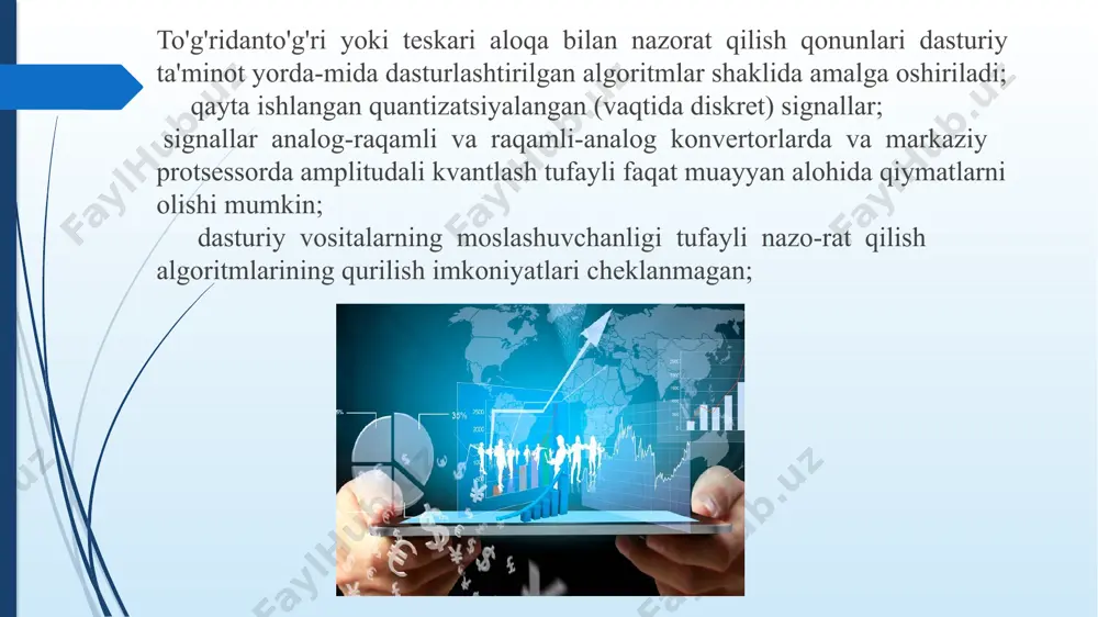 li bo'lmagan tizimlar sinfiga kiradi. vaqt miqdorini aniqlashda signallar alohida vaqtlarda belgilanadi dt = const. bunday holda, signal darajalari ixtiyoriy qiymatlarni olishi mumkin. signallarning vaqtli tanlanishini amalga oshiradigan tizimlarga impulsli tizimlar (ic) deyiladi. darajali va o'z vaqtida kvantlashda uzluksiz signal uzluksiz signal qiymatlariga eng yaqin bo'lgan diskret darajalar bilan almashtiriladi dt = const. darajali va o'z vaqtida kvantlangan signallarni amalga oshiradigan diskret tizimlar rele-impuls yoki raqamli deb ataladi. bu tizimlarda daraja va vaqt kvantizatsiyasi puls-kod modulyatori yoki raqamli hisoblash qurilmasi yordamida amalga oshiriladi. laplasning integral teoremasi eslatib о‘tamizki, bernulli sxemasida dastlabki ta tajribada muvaffaqiyatlar soni va bu sonning ga yetng bо‘lish ehtimolligi yuqorida isbotlangan teorema 3.1 bizga ehtimollikning nomer cheksiz oshgandagi holatini baholash imkonini beradi. boshqacha aytganda, bu teorema ehtimollikning lokal xossalarini xarakterlaydi. ushbu paragrafda biz miqdorning taqsimot funksiyasini о‘rganamiz. quyidagi belgilashlarni kiritib olaylik: , xulosa raqamli nazorat tizimi axborot tashuvchisidan, raqamli nazorat qurilmasidan, servo tizimdan va boshqariladigan qurilmadan iborat. …