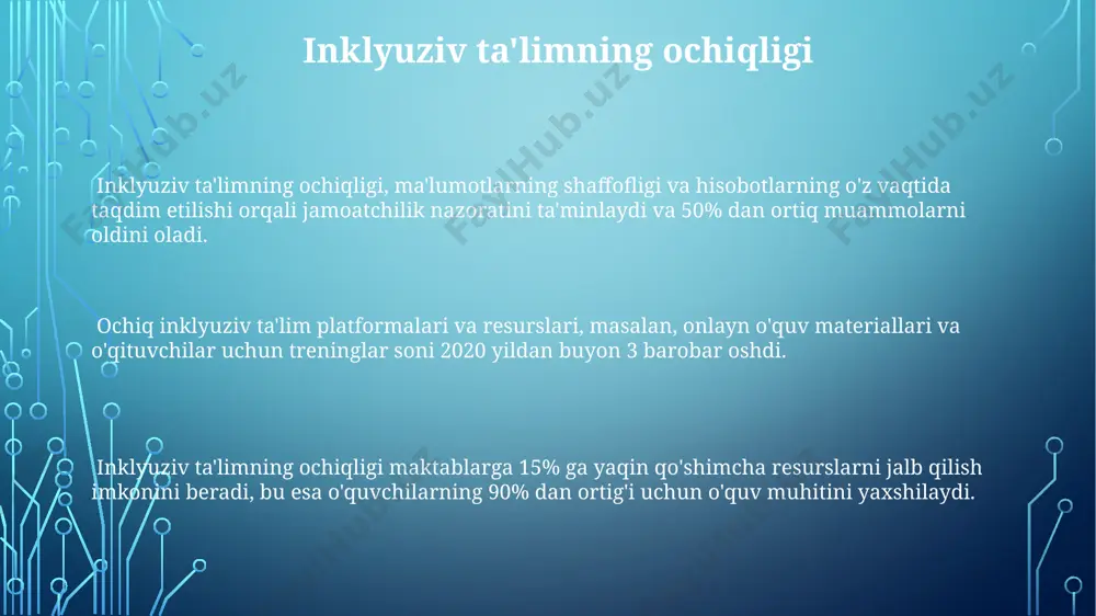 yuziv sinflarda kamida 3 xil baholash usulini (misol uchun, og'zaki, yozma, amaliy) qo'llash orqali barcha o'quvchilarning yutuqlarini ob'ektiv baholashi va ularning rivojlanishiga individual yondashishi lozim. inklyuziv ta'limdan foydalanish inklyuziv ta'lim 5-10 yoshgacha bo'lgan bolalarda ijtimoiy-emotsional rivojlanishni 20% ga oshirishi va tengdoshlari bilan o'zaro munosabatlarni yaxshilashga yordam berishi ilmiy tadqiqotlar bilan tasdiqlangan. inklyuziv ta'limning samaradorligini baholashda 3 ta asosiy mezon qo'llaniladi: o'quvchilarning akademik yutuqlari, ijtimoiy moslashuvi va psixologik farovonligi. inklyuziv maktablarda o'qituvchilarning professional rivojlanishiga yillik 15 soatdan ortiq treninglar ajratilishi, o'quv jarayoniga yangi pedagogik texnologiyalarni joriy etilishi samaradorlikni sezilarli darajada oshiradi. inklyuziv ta'limning qiyinchiliklari inklyuziv ta'limning samarali amalga oshirilishi uchun malakali mutaxassislar, shu jumladan, maxsus pedagoglar va psixologlar sonining yetarli emasligi, 20% ga yaqin maktablarning inklyuziv ta'limga tayyor emasligi katta qiyinchilik tug'diradi. o'qituvchilarning inklyuziv ta'lim metodologiyasi bo'yicha yetarli darajada tayyorgarligi va malakasi pastligi, o'quv jarayonini individualizatsiya qilishda qiynalishlari va natijada 15% o'quvchilarning o'zlashtirish ko'rsatkichlarining pastligi kuzatiladi. inklyuziv sinflarni jihozlash va moslashtirish …