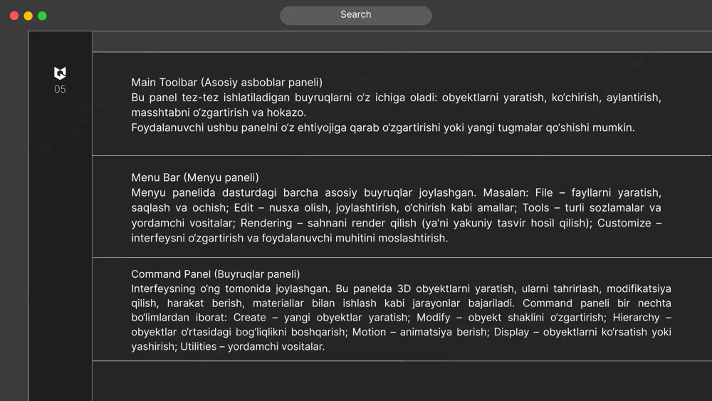 ab loyihalarda tartibni saqlash uchun juda qulay vosita hisoblanadi. 15 search layer manager (qatlamlar menejeri) layer manager – bu 3ds max’da sahnani qatlamlarga (layerlarga) bo‘lib boshqarish imkonini beruvchi interfeys elementi. har bir qatlamda alohida obyektlar joylashtiriladi, ularni: faqat o‘sha qatlamda tahrirlash, ko‘rsatish yoki yashirish, rang va materialini alohida sozlash mumkin. bu tizim arxitektura va interyer dizaynida ayniqsa foydali, chunki turli obyekt turlarini (devorlar, mebellar, yoritish elementlari) tartibli saqlash imkonini beradi. 16 search material editor interfeysi 3ds max’da material editor oynasi – bu materiallar va teksturalarni yaratish, o‘zgartirish va ularni obyektlarga biriktirish uchun ishlatiladi. material editor’ning ikki turi mavjud: compact material editor – oddiy, ixcham interfeys; slate material editor – tugunlar (node) asosida ishlovchi ilg‘or tizim. slate interfeysi foydalanuvchiga materiallar o‘rtasidagi bog‘lanishlarni vizual tarzda ko‘rish imkonini beradi. bu, ayniqsa, murakkab sahnalarda juda qulay. 17 search klaviatura qisqa yo‘llari muharriri 3ds max dasturida tez ishlash uchun keyboard shortcut editor vositasi mavjud. u …