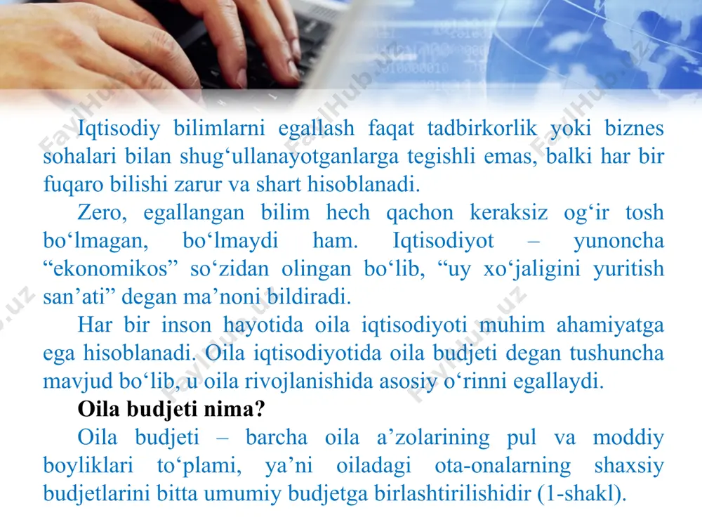 arali joy” degan ma’noni bildiradi. landshaft dizayni – inson hayoti uchun sog‘lom va to‘laqonli estetik tabiiy muhit yaratishdir. 2. gidroponika (yunoncha “gidro” – “suv” + “ponos” – ish) o‘simliklarni tuproqsiz sun’iy muhitda o‘stirish usuli. gidroponikaning bir necha usuli bor (12-rasm). oʻsimlikni mayda shagʻal yoki qum solib tomchilatib sug‘orish usuli koʻproq qoʻllaniladi. bu texnologiyaning ishlash prinsipi juda oddiy. shagʻal yoki qum solish uchun chuqurligi 25–30 cm, eni 80 cm va uzunligi 240 cm li yassi oxur tayyorlanadi, ichiga oziq moddalar aralashtirilgan suv kelib turishi uchun teshikli quvurchalar ochiladi. quvurchalarning teshiklari berkilib qolmasligi uchun usti simtoʻr bilan qoplanadi. oxur shag‘al yoki toza qum bilan toʻldiriladi. urugʻ qumga ekiladi. keyin yilning fasliga, oʻsimlikning yoshi va xiliga, eritmaning xususiyatiga qarab kuniga 1–5 marta oziq aralashmasi beriladi. aralashmani berish 30–50 daqiqa davom etadi. aralashma tarkibi vaqti-vaqti bilan tekshirilib, yangilab turiladi. shagʻal va qum bir necha yilgacha almashtirilmaydi. gidroponika usulida, asosan, sabzavot, gul, rezavor meva, chorva …