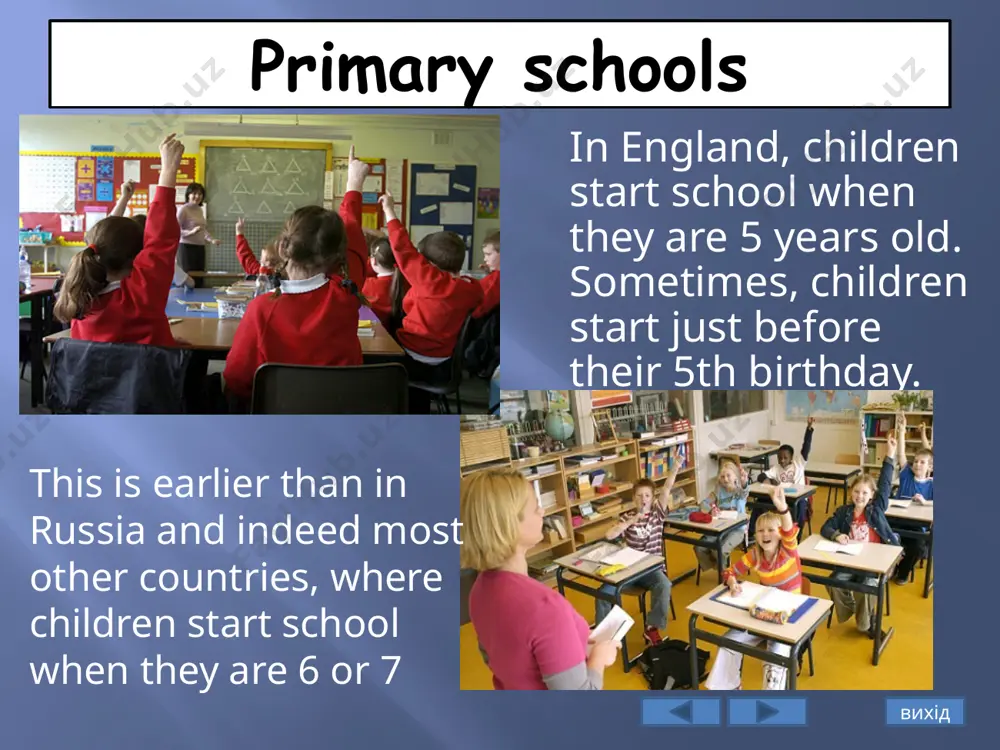 it, history, geography, modern foreign languages, art, music and pe. вихід secondary schools children are required to study a foreign language for only 3 years. the most popular are french, german and spanish. some schools offer other languages, but many teach only french and german. most children do not study a foreign language for more than 3 years. вихід secondary schools at age of 16, pupils take examinations in most of these subjects. in england, the exams are called gcses (general certificate of secondary education) at the age 16 pupils have a choice. they can stay on at school to study for more exams, usually in academic subjects, to qualify for higher education, or they can leave and go to college to study for more exams or to get the skills and qualifications they need for work. some pupils start work at 16 and go to college part time to …