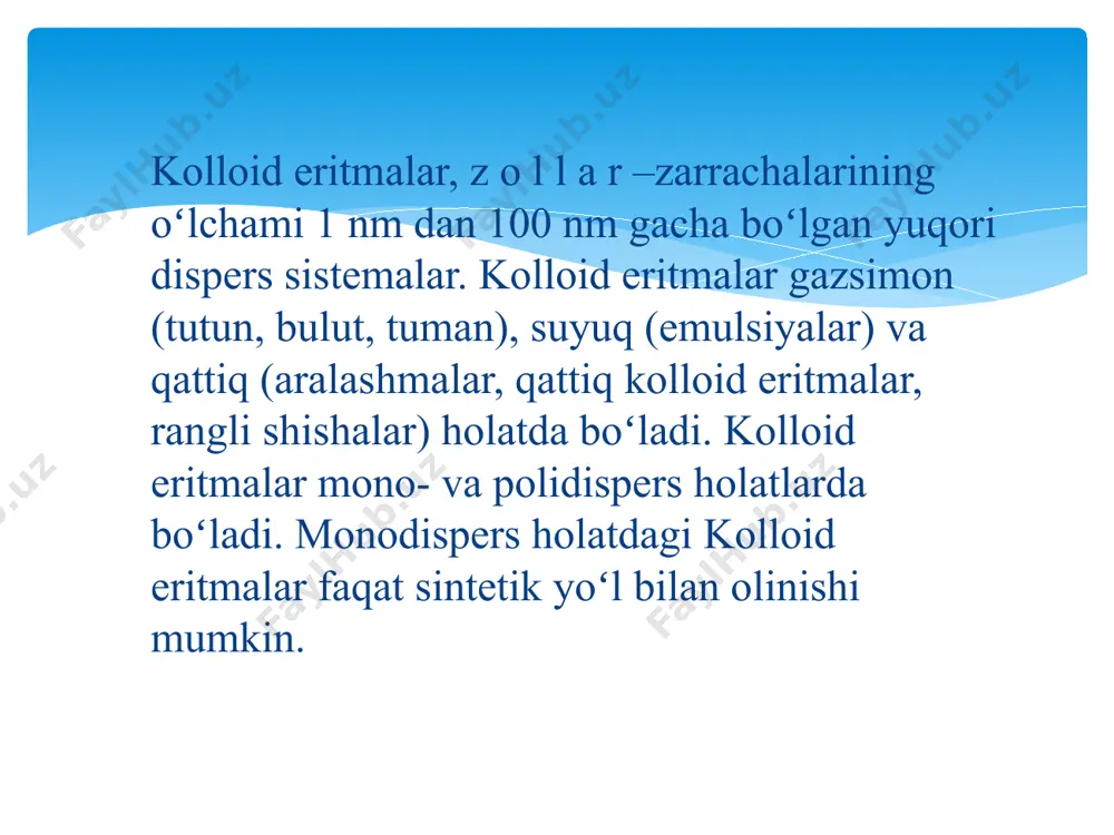 tenglamani quyidagi ko’rinishda yozish mumkin: 1/s (dm/dt) = - d dc/dx. konstentrastiya gradienti birga teng bo’lganda vaqt birligida (1sek) yuza birligi (1 sm2) orqali o’tgan modda miqdori diffuziya koeffistienti deyiladi. (1sm oraliqda 1mol/sm3 konstentrastiyaning o’zgarishi). ya’ni: [d] = (mol*sm*sm3) / (sek*sm2*mol) = sm2/sek. -d*dc/dx - diffuzion oqim. konstentrastiya gradienti dc/dx o’zgarmaganda stastionar diffuzion oqim vujudga keladi. d = +m, m = - d*dc/dx st (dc/dx = -1 mol, s=1sm2, t-1s.) d = rt/ n * 1/ 6πηr yoki d = kt / 6πηr bundan ko’rinadiki e’tiboringiz uchun rahmat ! image2.jpeg /docprops/thumbnail.jpeg