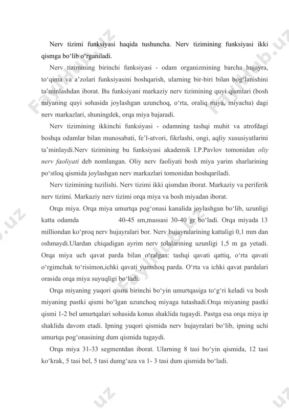 da nerv hujayralari bo‘lib, ipning uchi umurtqa pog‘onasining dum qismida tugaydi. orqa miya 31-33 segmentdan iborat. ularning 8 tasi bo‘yin qismida, 12 tasi ko‘krak, 5 tasi bel, 5 tasi dumg‘aza va 1- 3 tasi dum qismida bo‘ladi. orqa miya ko‘ndalangiga kesilsa, u ikki xil moddadan tuzilganligi ko‘rinadi: 1. tashqi qismi oq modda. 2. ichki qismi kulrang modda. kulrang modda kapalak yoki “h” harfiga o‘xshash bo‘lib, u nerv hujayralaridan tashkil topgan. orqa miya kulrang moddasining bir juft oldingi, bir juft orqa va bir juft yon shoxlari bo‘ladi. oldingi shoxlarida harakatlantiruvchi nerv hujayralari, orqa shoxlarida sezuvchi, yon shoxlarida vegetativ nerv hujayralari joylashgan. nerv hujayralarining kalta o‘simtalari hujayralarni bir-biri bilan tutashtiradi. ular umurtqa pog‘onasining kanalidan tashqariga chiqmaydi. nerv hujayralarining uzun o‘simtalari sezuvchi, harakatlantiruvchi va vegetativ nerv tolalarini tashkil etib, ular umurtqa pog‘onasidan tashqariga chiqib tananing to‘qima va a’zolariga boradi. orqa miyaning oq moddasi nerv tolalaridan tashkil topgan bo‘lib, ular orqa miyaning turli segmentlaridagi …