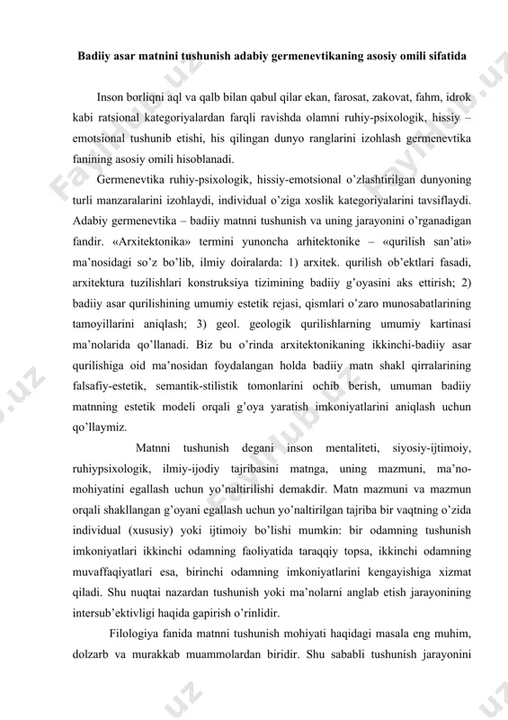 chun yo’naltirilishi demakdir. matn mazmuni va mazmun orqali shakllangan g’oyani egallash uchun yo’naltirilgan tajriba bir vaqtning o’zida individual (xususiy) yoki ijtimoiy bo’lishi mumkin: bir odamning tushunish imkoniyatlari ikkinchi odamning faoliyatida taraqqiy topsa, ikkinchi odamning muvaffaqiyatlari esa, birinchi odamning imkoniyatlarini kengayishiga xizmat qiladi. shu nuqtai nazardan tushunish yoki ma’nolarni anglab etish jarayonining intersub’ektivligi haqida gapirish o’rinlidir. filologiya fanida matnni tushunish mohiyati haqidagi masala eng muhim, dolzarb va murakkab muammolardan biridir. shu sababli tushunish jarayonini biror bir yagona yo’nalish asosida o’rganish mumkin emas. tushunish jarayoniga dialektik munosabat uning yo’nalishlarini kengaytirilishini hamda tushunish tashkil topishini ham diaxronik asnoda o’rganishni talab qiladi. tushunishning ta’rifi nisbatan qisqa, ya’ni ular fanning boshqa sohalaridan – ong, tafakkur, bilim kabilardan farqini aniqlashga qaratilgan. yuqorida aytilganlar asosida tushunishning aniq yo’nalishlari belgilangan bo’lib, ular quyidagilardan iborat: tushunish – matn arxitektonikasining ichki aloqalarini anglab etish jarayoni; tushunish - matnning mantiqini anglab etish jarayoni; tushunish – matnda shakllangan o’zga insonlarning ichki his-tuyg’ulari, …