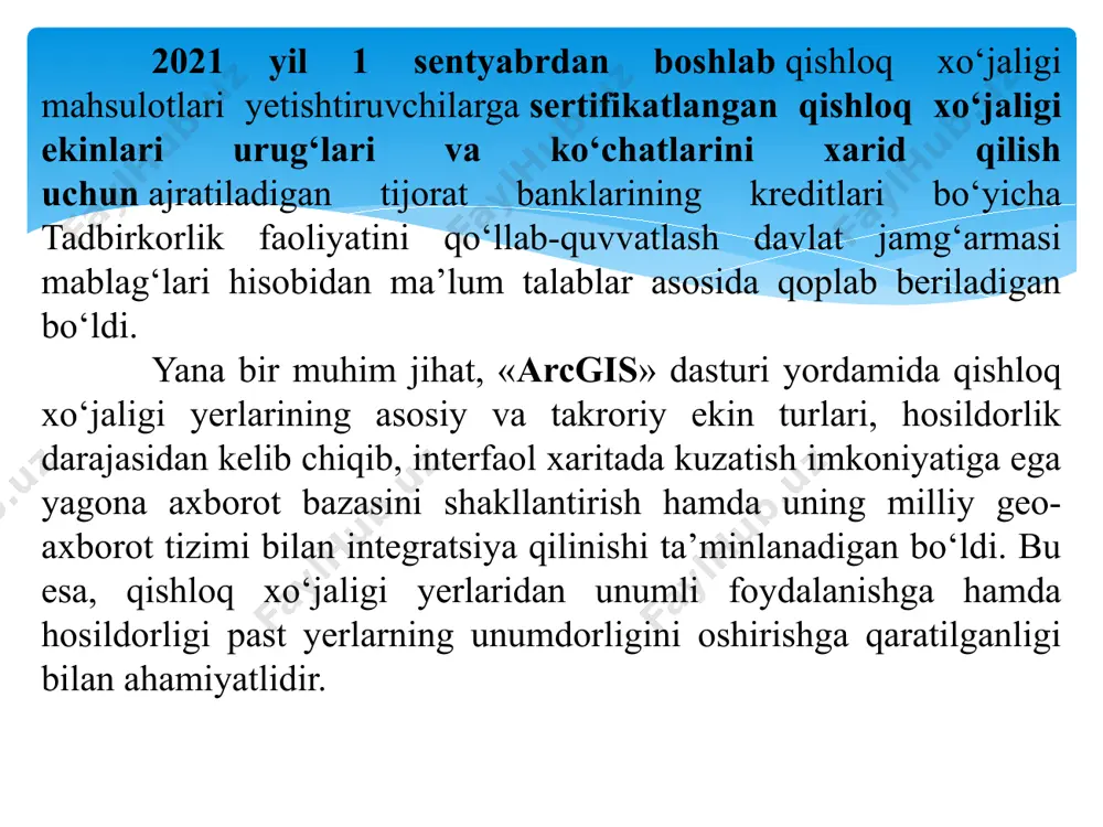 joriy etilishi maqsad qilingan. 4. dehqon va fermerlarning daromad manbalarini o‘sishi. 2022 yildan g‘allachilik klasterlari va fermerlarga bug‘doyni bozor narxida to‘liq erkin sotish huquqi berilishi maqsad qilingan. bunda, klaster va fermer xo‘jaliklari 3 yil davomida har gektardan 2,5 tonna g‘allani birja savdolariga chiqarishi talab etiladi. qolgan hosilni esa, to‘g‘ridan-to‘g‘ri sotish huquqi beriladi. shuningdek, 2022 yildan meva-sabzavot hosilini iqlim xavfidan sug‘urtalash bo‘yicha sug‘urta kompaniyalari o‘rtasida tanlov o‘tkaziladi. eksport shartnomasi bo‘lgan klaster va fermerlarga sug‘urta mukofotining 50 foizi davlat tomonidan qoplab beriladi. qishloq xo‘jaligi mahsulotlarining asosiy turlarini ishlab chiqarish hajmi, ming tonna ta’kidlash joizki, 200 ming gektar past hosilli paxta va g‘alla maydonini qisqartirish ham rejalashtirilgan. bu maydonlar aholiga tanlov asosida, uzoq muddatli ijaraga beriladi. kelgusi yillarda qishloq xo‘jaligida samaradorlikni oshirish natijasida davlat aralashuviga to‘liq barham beriladi. xususan, dehqon va fermerlar daromadlari kamida 2 barobar oshiriladi, qishloq xo‘jaligida o‘sish sur’atlari 5 foizga yetkaziladi hamda dehqonlarni qo‘llab-quvvatlash uchun subsidiyalar ajratiladi. shuningdek, qishloq xo‘jaligida …