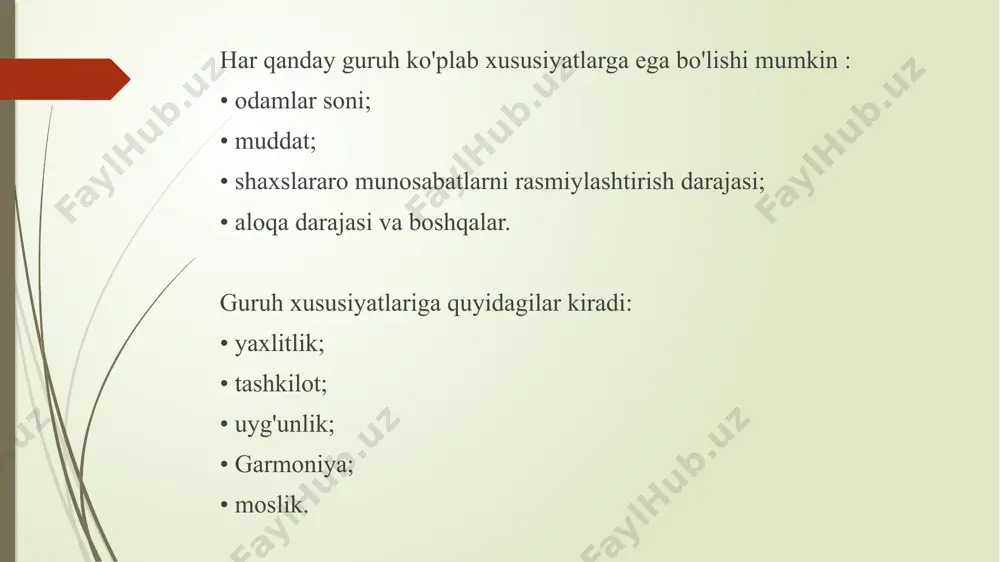 atlari asosida quriladi. ishchilar jamoalari hayot davomiyligiga qarab vaqtinchalik yoki doimiy bo'lishi mumkin. ular hajmi bo'yicha ham farqlanadi: kichik - uchdan beshgacha etti ishtirokchi, o'rta - birdan ikki o'nlab kishigacha va katta - bir necha o'ndan yuzlab ishchilar. bunday mehnat jamoalarida muloqot va o'zaro ta'sir darajasi har xil bo'lib, o'rta va katta jamoalar ham bir qancha kichik jamoalarni o'z ichiga olishi va keyinchalik guruhlar va kichik guruhlarga bo'linishi mumkin. shuning uchun har bir shaxs ikki yoki undan ortiq rasmiy tuzilgan jamoalarning rasmiy a'zosi bo'lishi mumkin, lekin faqat bitta norasmiy jamoaning a'zosi bo'lishi mumkin. jamoa turini aniqlash uchun ishchilarning kasbiy xususiyatlari, kasbi va mutaxassisligi muhim ahamiyatga ega. masalan, universitet kafedrasi professor-o‘qituvchilari jamoasi, qurilish brigadasi, harbiy brigada va boshqalar. jamoaning o'ziga xos xususiyatiga qarab, uning shaxsga ta'siri ijobiy va salbiy bo'lishi mumkin. shunday qilib, konstruktiv xulq-atvorga moyil bo'lmagan birlashgan jamoa unga halokatli ta'sir ko'rsatishi va uni antisosyal xatti-harakatlarga majbur qilishi mumkin. o'z …