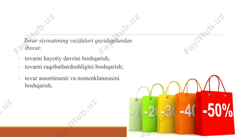 arni yangilik koʻra quyidagicha klassifikasiyalanadi: bozorda narx uchta guruh omil natijasida shakllanadi: talab omillari (bozorda oʻxshash tovarlar mavjudligi va ularga boʻlgan narxlar, bozorga kirish, xaridorlar daromadlari, xaridorni talablari, talabga yoʻnaltirilgan narx); xarajat omillari (ishlab chiqarish xarajatlari, marketing xarajatlari, foyda). raqobat omillari (tarmoqdagi firmalar soni, aynan oʻxshash import tovarlari,raqobatchilar tovarlariga boʻlgan narxni bilish. 4. narx siyosatini shakllantirish va narx darajasini hisoblash uslublari asosiy narxni belgilash uslubi quyidagilardan iborat: narxlashtirish masalasi qoʻyiladi, talabi aniqlanadi, xarajatlari baholanadi, raqobatchilar tovari va narx tahlil qilinadi, narxni shakllantirish uslubi tanlanadi, oxirgi natijaviy narx oʻrnatiladi. narx belgilashning 3 ta usuli mavjud: firmaning ichki manfaatlariga kuchli yoʻnaltirilganligini namoyon etib, sarf – xarajatlar asosida narx belgilash. raqobatchilarning narxiga qarab narx belgilash. marketingga yoʻnaltirilgan narx belgilash usuli. bunda muayyan bozorda iste'molchi uchun qimmatli boʻlgan xususiyatlari va marketing strategiyasi hisobga olinib narx belgilanadi. sarf xarajatlarga asosan narx belgilashning 2 ta usuli mavjud: tannarx asosida narx belgilash toʻla xarajatlar asosida narx belgilash …