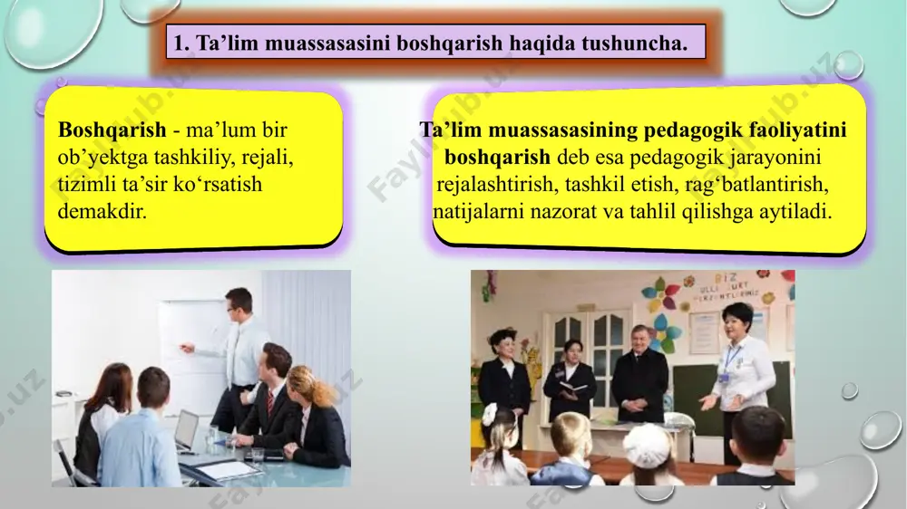sixologik metodlar jamoa a’zolari o‘rtasida shunday munosabatlarni vujudga keltirishni nazarda tutadiki, bunda rahbar xodimlarning bemalol, erkin harakat qilishi, o‘zini-o‘zi namoyon qilishi, turli jarayonlarda erkin ishtirok etishi, fikr bildirishi uchun shart-sharoitni va ijodiy muhitni yaratishi zarur. boshqaruv uslublari. boshqaruv uslubi - bu ish uslublarining to‘plami bo‘lib, u o‘zining faoliyatida ushbu boshqaruv apparatini qo‘llaydi. menejment uslubi - bu rahbarni shaxsiy sifatlarining to‘plami, rahbarni qo‘l ostidagilar bilan munosabati, rahbarning o‘z faoliyatida ishlatadigan uslubi va yo‘llari, rahbarning xodimlarni amalda bilishidir. boshqaruv uslubi boshqaruv usulidan kelib chiqadi. boshqaruv usuli - bu boshqaruv faoliyatini amalga oshiruvchi usul va yo‘llarning to‘plamidir. boshqaruvning uchta uslubi keng tarqalgan: avtoritar (direktiv) uslubda rahbar o‘z irodasini qo‘l ostidagilarga ma’muriy kuch vositasida o‘tkazishga intiladi, ya’ni majburlash, qo‘rqitish, rag‘batlantirish va boshqa chora-tadbirlardan foydalanadi. liberal (erkin ish yuritish) uslub rahbarning o‘z qarorlarini taveiyalar ko‘rinishida berishi, xodimlarning ishiga kamroq aralashishi bilan tavsiflanadi. bunda rahbar vositachi sifatida faoliyat ko‘rsatadi, xodimlariga keng doirada mustaqillik, to‘la erkinlik berish …