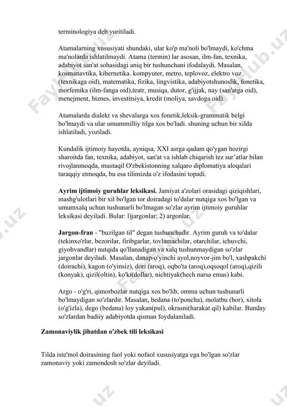 ncha (nima buncha) kabi; sheva so'zlari badiiy asarlarga, uslubiy vosita sifatida qahramonlar nutqini hamda mahalliy koloritini ifoda etish maqsadida yozuvchilar tomonidan ishlatiladi. kasb-hunar leksikasi. biror kasb-hunarga oid tushunchalarni ifodalovchi so'zlar kasb-hunar (professional) leksikasi deyiladi. kasb-hunarga oid atamalar, so'zlar o'zbek xalqining ijtimoiy taraqqiyot davri turmush tarzi va boshqa holatlar bilan bog'liqdir. ma'lumki o'zbek xalqi juda qadim zamonlardan dehqonchilik, chorvachilik, bog'dorchilik, kulolchilik, binokorlik, ipakchilik, temirchilik, zargarlik, miskorlik, etikdo'zlik va boshqa kasb hunarlar bilan shug'ullanib kelgan va bu holatlar ularning tilida aks etgan. masalan, kapsan, tola, yagona, galagab (dehqonchilikka oid), tola, ko'gan, sirg'a, hgana, joyuv (chorvachilikka oid), pangor, sumba, dog'chil, aspak (tunukasozlik, kulolchilikka oid) nalava, to'qima, dub. qilich, adargi, kuding (to'quvchilikka oid) kabilar. kasb-hunarga taalluqli so'zlarda sheva xususiyatlari bilinib turadi. ammo hozirgi xxi asrga qadam qo'ygan bir davrda insoniyatning turmush tarzi butunlay o'zgardi va davr kompyuter asridir. shuning uchun hozirgi o'zbek tilida yangi zamonaviy industriya, texnika,fan bilan bog'liq so'zlar ko'payib bormoqda. atamalar (terminologik) …
