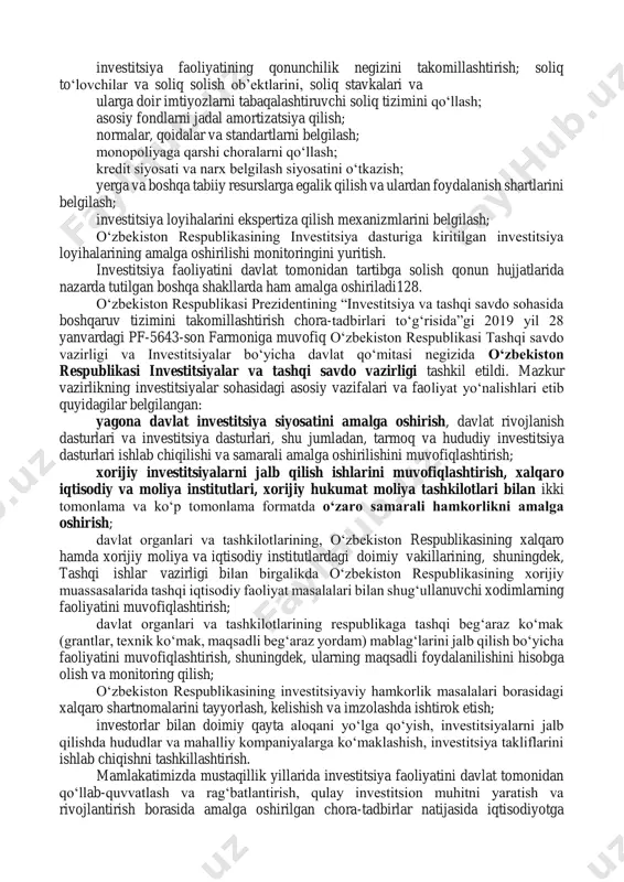 litsenziya asosida amalga oshiradi. investitsiya fondining quyidagi shakllari mavjud bo‘lishi mumkin: o‘zi chiqargan aksiyalarni qaytarib sotib olish majburiyatiga ega bo‘lgan investitsiya fondi; o‘zi chiqargan aksiyalarni qaytarib sotib olish majburiyatiga ega bo‘lmagan investitsiya fondi. investitsiya fondining turi fondning ta’sis hujjatlarida ko‘rsatiladi. o‘z egalarining pay fondidagi ulushini tasdiqlovchi hujjatsiz qimmatli qog‘oz investitsiya payidir. investitsiya payiga bo‘lgan huquqlar qimmatli qog‘ozlar markaziy depozitariysi tomonidan investitsiya paylari egasining depo hisobvarag‘idan beriladigan ko‘chirma bilan tasdiqlanadi. investitsiya fondining yoki pay fondining investitsiya portfelini tashkil etuvchi qimmatli qog‘ozlar, ulushlar, pul mablag‘lari (shu jumladan chet el valyutasi), omonatlar va ko‘chmas mulk investitsiya aktivlaridir. investitsiya fondi yangi yuridik shaxsni ta’sis etish yoki boshqa investitsiya fondini qayta tashkil etish yo‘li bilan tashkil etiladi. investitsiya fondi tijorat tashkiloti bo‘lib, u o‘zining alohida hisobga olinadigan mol-mulkiga, shu jumladan ustav kapitaliga berilgan mol- mulkka ega bo‘ladi. yuridik va jismoniy shaxslar investitsiya fondining muassislari (aksiyadorlari) sifatida ish yuritishi mumkin. davlat mamlakat iqtisodiyotiga investitsiyalarni jalb etish …