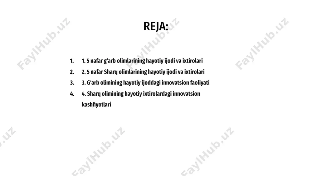na bir gʻarblik olim doktor jeyn smit laboratoriya sharoitida inson aʼzolarini oʻstirishning ilgʻor usullarini ishlab chiqish orqali regenerativ tibbiyot sohasiga katta hissa qoʻshdi. uning ishi son-sanoqsiz hayotni saqlab qolish imkoniyatiga ega. sun'iy intellekt sohasida g'arb olimi professor kim li aqlli sun'iy intellekt mavjudotlarini yaratish bo'yicha o'zining ulkan izlanishlari bilan to'lqinlarni yaratdi. uning ishi an'anaviy ong va mashina aqli tushunchalariga qarshi turadi. salavha sharq olimlari innovatsion metodologiya va texnologiyalar orqali hayot ixtirolariga, salomatlik va qishloq xo‘jaligi amaliyotini yaxshilashga, barqaror turmush tarzini targ‘ib qilishga va hayot sifatini yaxshilashga sezilarli hissa qo‘shdilar. 1 sharq olimlarining innovatsion kashfiyotlari uzoq vaqtdan beri yaxlit sog'liqni saqlash amaliyotlarida qo'llanilgan akupunktur va o'simlik terapiyasi kabi tibbiyotdagi yutuqlarni o'z ichiga oladi. 3 bundan tashqari, samarali sug'orish tizimlari va almashlab ekish texnikasi kabi ixtirolar qishloq xo'jaligi mahsuldorligini tubdan o'zgartirib, sharq zukkoligining global dehqonchilik amaliyotiga chuqur ta'sirini ko'rsatdi. 2 5. g‘arb olimlarining hayotiy ijodga qo‘shgan hissalarini o‘rganish a g‘arb olimlari o‘zlarining …