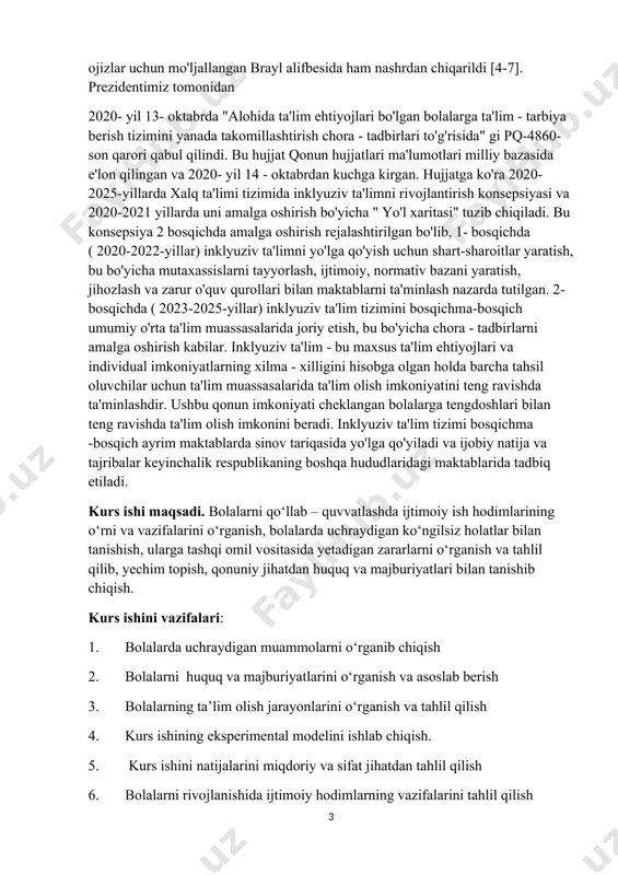 va hajmi: kurs ishi kirish, asosiy mazmunni yorituvchi ikkita bob, 4 paragraf, umumiy xulosa va tavsiyalar, foydalanilgan adabiyotlar ro‘yxati va ilovalardan tashkil topgan. kurs ishining mazmunini 46 bet hajmda yozma matnda bayon qilingan bo‘lib, unda 25 ta adabiyotlar ro‘yxati bor. l.b0b: imkoniyati cheklangan bolalar bilan ishlashda ijtimoiy ishning ahamiyati 1.1.bolalar va ularning qonuniy huquqlari. bolalarning huquq va qonuniy manfaatlarini himoya qilish sohasidagi qonun hujjatlarida bola huquqlarining qonuniy kafolatlari alohida belgilab qo‘yilganligi e’tiborga molik. unga ko‘ra, har bir bolaga inson huquqlari va erkinliklari tegishli bo‘ladi hamda davlat tomonidan kafolatlanadi.kalit so‘zlar: bola, huquq, qonun,kafolat,i nson huquqlari, vasiylik va homiylik. ijtimoiy ishning asosiy maqsadi xalqaro hujjatlarda ham belgilab berilgan. ular orasida ijtimoiy chetlatilgan, ajratilgan insonlar va jamiyat hayotida xavfli guruh insonlarini birlashtirish; o‘zlarini mustaqil himoya qila olmaydigan insonlar yoki insonlar guruhlari (bolalar, yoshlar, nogironlar, psixik kasalliklari bor insonlar va shu kabilar)ga yordam ko‘rsatish va himoyalash; xizmatlar va resurslarni olishni o‘zlari amalga oshira olmaydigan …