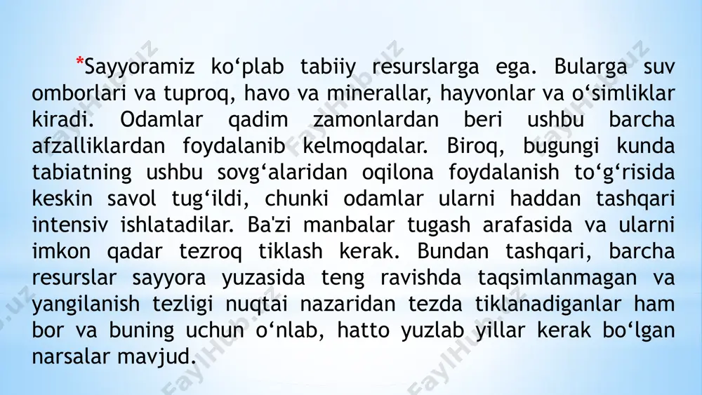 8 qishloq xo'jaligi mahsulotlarini oqilona yetishtirish ekologik yondashuv kimyoviy o'g'itlar va pestitsidlardan voz kechish, o'simliklarni tabiiy usullar bilan himoya qilish. ekin almashinuvi tuproqning unumdorligini saqlab qolish va zararkunandalarning tarqalishini oldini olish. suvni tejash sug'orish usullarini takomillashtirish va suvdan unumli foydalanish. 9 energiya resurslaridan oqilona foydalanish energiya tejamkorligi uy-joy va sanoatda elektr va yoqilg'i tejash texnologiyalarini qo'llash. qayta tiklanadigan energiya quyosh, shamol, gidro va boshqa tabiatga dost energiya turlaridan foydalanish. energiya diversifikatsiyasi xilma-xil energiya manbalaridan foydalanish, energiya ta'minotini havfsiz qilish. 10 suv resurslaridan oqilona foydalanish suvni tejash sug'orishni optimallash, oqib ketayotgan suvlarni qayta tiklab foydalanish sifatli suv etkazib berish ichimlik suvi tizimlarini takomillashtirish va ifloslangan suvlarni tozalash suv havzalarini himoya qilish dengiz, ko'l va daryolarni ifloslanishdan saqlash va qayta tiklash 11 ekologik muammolar va ularni bartaraf etish chora-tadbirlari iqlim o'zgarishi karbon chiqindilari kamaytirilishi, energiya tejamkorligi va qayta tiklanadigan energiyalar yordamida iqlim o'zgarishlarining oldini olish. ekotizimlarni qayta tiklash o'rmonlarni ekish, suv havzalarini …