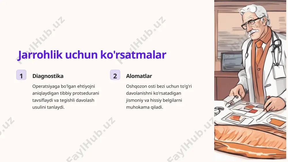 qarsa, jarrohlik kerak bo'lishi mumkin. 12 oshqozon osti bezi operatsiyasiga tayyorgarlik 1 tibbiy tekshiruvlar bemor bir qator testlardan o'tadi, jumladan, testlar, elektrokardiogramma va oshqozon osti bezi hududini ko'rish. 2 anesteziolog bilan maslahatlashuv bemor tajribali anesteziolog bilan anesteziyaning o'ziga xos xususiyatlarini va tayyorgarlik choralarini muhokama qiladi. 3 ijtimoiy ishchilarni qo'llab-quvvatlash bemorlarga operatsiyadan keyingi yordam va reabilitatsiyani tashkil etishda yordam beriladi. 13 oshqozon osti bezi bo'yicha operatsiyalar turlari shishlarni olib tashlash oshqozon osti bezining malign yoki yaxshi xulqli o'smalarini olib tashlash uchun jarrohlik. kistlarning drenajlanishi organlar faoliyatini tiklash uchun xo'ppoz va kistalarni drenajlash tartibi. bez rezektsiyasi jiddiy kasalliklarda oshqozon osti bezining bir qismini yoki to'liq qismini jarrohlik yo'li bilan olib tashlash. 14 oshqozon osti beziga kirishning jarrohlik usullari laparoskopiya oshqozon osti beziga kirish uchun kichik kesmalar bilan minimal invaziv usullardan foydalanish. laparotomiya klassik yondashuv qorin old devorida organga kirish uchun kesma qilishni o'z ichiga oladi. boshqa usullar bemorning xususiyatlariga va kasallikning tabiatiga …