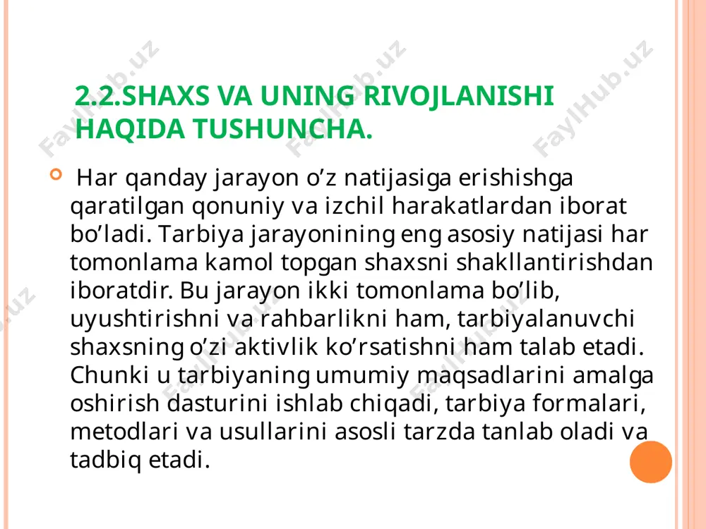 lgan jarayondir. tarbiyaning asosiy vazifasi yosh avlodni xalqning hayotini yaxshilashga, vatanining gullab-yashnashiga sarflashni biladigan, istaydigan a’zolari qilib tayyorlashdir. tarbiya shaxsning rivojlanishini ta’minlashi uchun shaxsdagi rivojlanish mohiyatini tushunish, uning bilish va aloqa boshlash faoliyatining o’zgarish sabablarini aniqlashi zarur. 2.3. shaxs rivojlanishida yosh va individual xususiyatlar shaxs tarbiyasiga to’g’ri yondoshish, unga to’g’ri ta’lim berish uchun turli yoshdagi davrlariga xos xususiyatlarni bilish va uni hisobga olish muhimdir. zero, inson organizmining o’sishi,rivojlanishi hamda psihik taraq’q’iy etishi turli davrlarda turlicha kechadi. yosh xususiyatlari muayyan bir yosh davriga xos bo’lgan anatomic, fiziologik(jismoniy) va psixologik xususiyatlardir. shaxsning individual, shaxsiy xususiyatlari uning yo’nalganligi, q’iziq’ishlari, xarakteri, uni boshq’alardan ajratib turadigan aq’liy kamoloti hamda o’ziga [os barq’aror muhim xususiyatlaridir. shaxsning individual xususiyatlarini aniq’lash uchun insonga xos temperamentning umumiy tiplari hamda bolaning o’ziga xos xususiyatlarini o’rganish metodikalaridan xabardor bo’lish lozim. temperament(lot.-temperamentum- q’ismlarning bir-biriga мunosabati), shaxsning individual psixologik xususiyatlari majmuidir. turli yosh davrlarining o’ziga xos rivojlanish q’onuniyatlari mavjud. masalan, v sinf o’q’uvchisini …