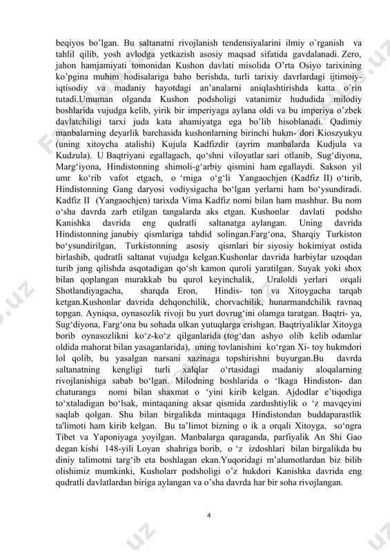 b kelgan. ajdodlar e’tiqodiga to‘xtaladigan bo‘lsak, mintaqaning aksar qismida zardushtiylik o ‘z mavqeyini saqlab qolgan. shu bilan birgalikda mintaqaga hindistondan buddaparastlik ta'limoti ham kirib kelgan. bu ta’limot bizning o ik a orqali xitoyga, so‘ngra tibet va yaponiyaga yoyilgan. manbalarga qaraganda, parfiyalik an shi gao degan kishi 148-yili loyan shahriga borib, o ‘z izdoshlari bilan birgalikda bu diniy talimotni targ‘ib eta boshlagan ekan.yuqoridagi m’alumotlardan biz bilib olishimiz mumkinki, kusholarr podsholigi o’z hukdori kanishka davrida eng qudratli davlatlardan biriga aylangan va o’sha davrda har bir soha rivojlangan. kushon podsholigining tashkil topishi, rivojlanishi va inqirozga yuz tutishi makedoniyalik aleksandr o’rta osiyoning katta qismini bosib olganidan so’ng, bu hududdda yashagan ba’zi qabilalar shimoli-sharq tomonga qarab siljiy boshlashdi. ana shunday qabilalardan biri yuechjilar (xitoy manbalarida shunday dеb atalgan) miloddan avvalgi iv asr oxirlarida sharqiy turkistondan to mo`g`iliston chegaralarigacha bo`lgan hududlarga borib o’rnashganlar. xitoyning shimolida esa xunn qabilalari yashagan va yuechjilar xunnlarga janub tomondan qo`shni bo`lib …