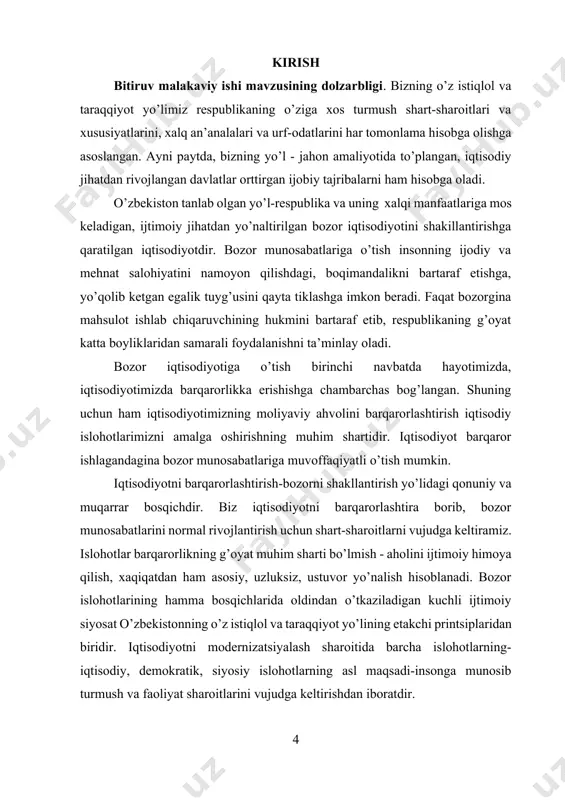 uchli ijtimoiy siyosat o’zbekistonning o’z istiqlol va taraqqiyot yo’lining etakchi printsiplaridan biridir. iqtisodiyotni modernizatsiyalash sharoitida barcha islohotlarning-iqtisodiy, demokratik, siyosiy islohotlarning asl maqsadi-insonga munosib turmush va faoliyat sharoitlarini vujudga keltirishdan iboratdir. ushbu vazifaning ijobiy hal etilishi aynan ijtimoiy sohalar taraqqiyotiga bog’liqdir. bugungi kunda aholining tarkibi respublikamizdagi barcha ijtimoiy jarayonlarga ta’sir ko’rsatmoqda. prezidentimiz ta’biri bilan aytganda: “davlat jami xarajatlarining asosiy qismi, ya’ni qariyb 59,2 foizi ijtimoiy soha va aholini ijtimoiy himoya qilish chora-tadbirlarini amalga oshirishga qaratildi, uning 34 foizdan ortig’i ta’lim, 14,5 foizdan ko’prog’i sog’liqni saqlash sohalarini moliyalashtirishga yo’naltirildi. bu esa ijtimoiy masalalarni, jumladan, ijtimoiy yordam, pensiya ta’minoti, maorif va sog’liqni saqlash jarayonlarini isloh etishning ustivor yo’nalishlar ekanligini belgilab bermoqda. xususan, itimoiy-madaniy sohalarni ustivor rivojlantirish dasturi va hukumat qarorlarida belgilangan chora-tadbirlar doirasida o’tdi. bu esa biz tomondan tanlangan bitiruv malakaviy ishining dolzarbligini bildiradi. bitiruv malakaviy ishi mavzusining ob’ekti. davlat moliyasining muhim bo’g’ini bo’lmish davlat byudjeti xarajatlarining tarkibida ijtimoiy-madaniy sohalarni rejalashtirish va moliyalashtirish …