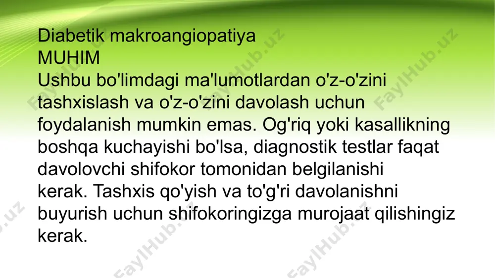 larning (koronar, miya, visseral, periferik) umumiy zararlanishini o'z ichiga oladi. shu munosabat bilan diabetik makroangiopatiyaning oldini olish va tuzatish endokrinologiyada katta ahamiyatga ega. sabablari diabetik makroangiopatiya bilan o'rta va katta kalibrli arteriyalarning bazal membranasining qalinlashishi, uning ustida aterosklerotik plaklarning shakllanishi bilan sodir bo'ladi. ularning keyingi kalsifikatsiyasi, oshqozon yarasi va nekrozlari qon pıhtılarının mahalliy shakllanishiga va qon tomirlarining lümeninin tiqilib qolishiga yordam beradi, bu esa muayyan hududlarda qon aylanishining buzilishiga olib keladi. aterosklerozning an'anaviy xavf omillari chekish, kasbiy intoksikatsiya, jismoniy harakatsizlik, yosh (45 yoshdan oshgan erkaklarda, 55 yoshdan oshgan ayollarda) va irsiyatdir. qandli diabetda diabetik makroangiopatiya rivojlanishining o'ziga xos xavf omillariga quyidagilar kiradi: giperglikemiya, dislipidemiya, insulin qarshiligi, semizlik (ayniqsa qorin bo'shlig'i turi), arterial gipertenziya, qon ivishining kuchayishi, endotelial disfunktsiya, oksidlovchi stress va tizimli yallig'lanish. tasniflash diabetik angiopatiya - bu kichik tomirlar - kapillyarlar va prekapiller arteriolalar (mikroangiopatiya), o'rta va katta arteriyalar (makroangiopatiya) shikastlanishini o'z ichiga olgan kollektiv tushunchadir. diabetik angiopatiya diabetning …