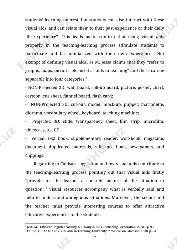 ions with textbooks, instructional manual, classroom presentations, and computer interfaces broadens. earlier thinking however, does not disregard this theory, but asserts the idea based on its magnitude as “visual aids in the teaching-learning process contribute significantly and allow students and teachers to fulfill their goals by using them properly”. the teaching-learning process is two-sided; it needs the teacher as well as the student.[footnoteref:5] not only can the teacher guide this whole process on his/her own, but s/he also needs an audience willing to give feedback. the student’s concern should be receiving information, constructing knowledge, and expressing outwardly personal ideas. this teaching-learning process is an active non-stop phenomenon where the teacher is the skilled workman and any good visual aid is merely a tool which the teacher and a group of children can use intelligently in a learning situation, so as to achieve the desired objectives. this is the reason why …