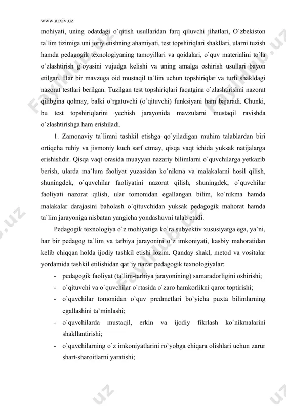 talar yordamida tashkil etilishidan qat`iy nazar pedagogik texnologiyalar: · pedagogik faoliyat (ta`lim-tarbiya jarayonining) samaradorligini oshirishi; · o`qituvchi va o`quvchilar o`rtasida o`zaro hamkorlikni qaror toptirishi; · o`quvchilar tomonidan o`quv predmetlari bo`yicha puxta bilimlarning egallashini ta`minlashi; · o`quvchilarda mustaqil, erkin va ijodiy fikrlash ko`nikmalarini shakllantirishi; · o`quvchilarning o`z imkoniyatlarini ro`yobga chiqara olishlari uchun zarur shart-sharoitlarni yaratishi; · pedagogik jarayonda demokratik va insonparvarlik g`oyalarining ustuvorligiga erishishni kafolatlashi zarur. pedagogik texnologiyalardan majburan foydalanish mumkin emas. aksincha, tajribali pedagoglar tomonidan asoslangan yoki ular tomonidan qo`llanilayotgan ilg`or texnologiyalardan maqsadga muvofiq foydalanish bilan bizga, ularni ijodiy rivojlantrish maqsadga muvofiqdir. bugungi kunda bir qator rivojlangan mamalakatlarda o`quvchilarning o`quv va ijodiy faoliklarini oshiruvchi hamda ta`lim-tarbiya jarayonining samaradorligini kafolatlovchi pedagogik texnologiyalarni qo`llash borasida katta tajriba to`plangan bo`lib, ushbu tajriba asoslarini tashkil etuvchi metodlar interfaol metodlar nomi bilan yuritilmoqda. quyida ta`lim amaliyotida foydalanilayotgan interfaol metodlardan bir nechtasining mohiyati va ulardan foydalanish borasida so`z yuritamiz. 2. “aqliy hujum” metodi. mazkur metod muayyan …