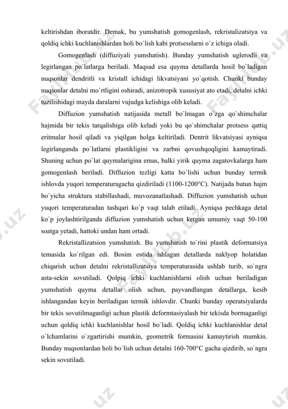 stallizatsiya temperaturasida ushlab turib, so`ngra asta-sekin sovutiladi. qolpiq ichki kuchlanishlarni olish uchun beriladigan yumshatish quyma detallar olish uchun, payvandlangan detallarga, kesib ishlangandan keyin beriladigan termik ishlovdir. chunki bunday operatsiyalarda bir tekis sovutilmaganligi uchun plastik deformtasiyalash bir tekisda bormaganligi uchun qoldiq ichki kuchlanishlar hosil bo`ladi. qoldiq ichki kuchlanishlar detal o`lchamlarini o`zgartirishi mumkin, geometrik formasini kamaytirish mumkin. bunday nuqsonlardan holi bo`lish uchun detalni 160-700°c gacha qizdirib, so`ngra sekin sovutiladi. 2-tur yumshatish (fazoviy qayta kristallanish). 2-tur yumshatish deb po`latlarni faza o`zgarish temperaturasidan yuqori temperaturaga qizdirib, o`sha temperaturada biroz ushlab turib, so`ngra sekin sovutishga aytiladi. bunda faza o`zgarish ro`y bergani uchun, po`lat strukturasi sovutilgandan keyin muvozanat holatiga yaqin holatga keladi: evtektoidgacha bo`lgan po`latlarda f+p evtektoid po`latlarida perlit, evtektoiddan keyingi po`latlarda p+sg hosil bo`ladi. yumshatilgandan keyin po`lat qattiqligi kam va plastikligi ko`p bo`ladi. to`la yumshatish po`latni a^ dan 30-50°c yuqori temperaturagacha qizdirib, o`sha temperaturada biroz ushlab turib, faza o`zgarish tamom bo`lgandan so`ngra sekinlik bilan sovutiladi, …