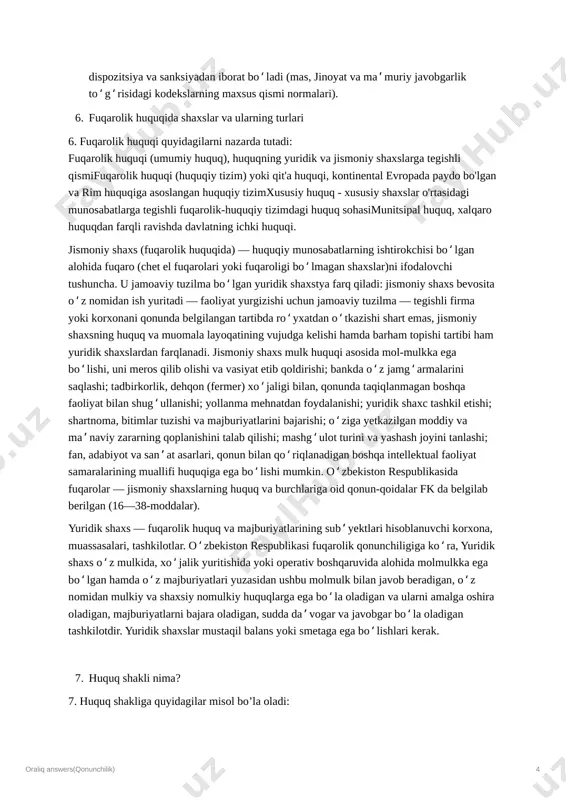 ilish huquqiga ega. 6. raqobat huquqi: korxonalar bozorda adolatsiz cheklovlarsiz yoki raqobatga qarshi amaliyotlarsiz raqobat qilish huquqiga ega. 7. mehnat huquqlari: korxonalar mehnat qonunchiligi va qoidalariga muvofiq xodimlarni yollash va ishdan bo'shatish huquqiga ega. 8. intellektual mulk huquqlari: korxonalar o'zlarining ixtirolari, dizaynlari va ijodiy ishlarini patentlar, tovar belgilari va mualliflik huquqlari orqali himoya qilish huquqiga ega. korxonalar axloqiy va samarali faoliyat yuritishi uchun qonun hujjatlarida belgilangan huquq va majburiyatlarini tushunishi muhim. 5. huquq normasi - davlat tomonidan belgilanadigan, muayyan shaklda ifodalanadigan, ijtimoiy munosabatlarni tartibga solishga qaratilgan umummajburiy yurish-turish qoidasi. huquq normasi tegishli normativ-huquqiy hujjatlar, shuningdek, huquq manbaining boshqa turlari shaklida namoyon boʻladi. huquq tarmoqlariga bogʻliq holda maʼmuriyhuquqiy, jinoiy-huquqiy huquq normalari, mehnat, ekologiya, xalqaro, konstitutsiyaviy, xoʻjalik va huquqning boshqa tarmoqlariga oid huquq normalari farqlanadi. amal qilish vaqtiga koʻra, doimiy (rasmiy bekor qilingunga qadar amal qiladigan) va vaqtinchalik (faqat muayyan vaqt oraligʻida amalda boʻluvchi) huquq normasi boʻladi. huquq normasi amal qilish hududiga …