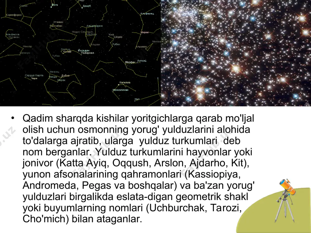 ibi birinchi yaqinlashishda quyosh va yulduzlar atmosferasi kimyoviy tarkibiga yaqin. ularda eng ko’p elementlar vodorod va geliy hisoblanadi, shu bilan birga boshqa elementlarni aralashmasi ham bo’lishi mumkin. qizig’i shundaki, yulduzlararo gazda kalsiy vodorodga nisbatan million marta kamroq. yulduzlarning ichki tuzilishi yulduzlar - ulkan gaz sharlari bo’lib, o’z yorugligini milliard yillar davomida saklab turishi mumkin. bizning quyosh - galaktikadagi yulduzlar olamining tipik vakilidir. u 4.6 milliard yil avval gaz-chang bulutidan paydo bo’lgan. bu bulutdan kuyosh tizimining sayyoralari, shu jumladan yerimiz xam tashkil topgan. yulduz va sayyoralardagi mavjud og’ip elementlar qayerdan hosil bo’lgan? ma’lum bo’lishicha, bu masala yulduzlarning energiya manbalari xakidagi masala bilan uzviy bog’lik. xix asrda yulduzlarning energiya manbalari faol izlana boshlandi. kimyoviy reaksiyalar, kuyoshga kometa va asteroidlarning tushishi va hokazo o’ta ekzotik mexanizmlar taklif kilingan edi. xix asr oxirida sikilish jarayonidagi gravitasion energiyaning erkin holatga o’tishi eng real mexanizm sifatida aralgan. darvoke, kuyoshning yorituvchanligini saklab turish uchun uning radiusi yiliga …