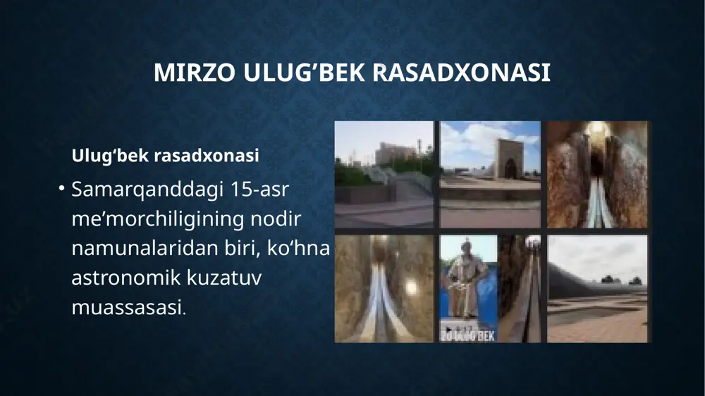 xi ziji ulug’bek»dir. qohiralik munajjim muhammad al-misriy (xvi asr) mirzo ulug’bek «ziji»ni osonlashtirish («tashil ziji ulug’bek») nomli asar yozadi va uning jadvallarini qohira kengliklariga moslashtiradi. samarqand, buxoro, g’ijduvon kabi tarixiy shaharlarimizda uning nomi bilan bog’liq bo’lgan me’moriy obidalar, qadamjolar tamirlandi va obod qilindi. ulug’bek nomidagi muassasa hamda tashkilotlarning ko’payib borayotgani diqqatga sazovordir. jumladan samarqand davlat arxitektura-qurilish institutiga, farg’ona davlat dorilfununiga ulug’bek nomi berilgan. shuningdek, xalqaro ilmiy axamiyatga ega bo’lgan kitob kuzatuv kenglik stantsiyasi hamda o’zbekiston respublikasi fanlar akademiyasi astronomiya instituti ulug’bek nomida. 1992 yili o’zbekiston poytaxti toshkentning yirik tumanlaridan biriga mirzo ulug’bek nomi berildi va uning haykali o’rnatildi. toshkent viloyatining bekobod tumanida ulug’bek nomli xo’jalik bor. 1995 yilda toshkent davlat universitetiga mirzo ulug’bek nomi berildi. etiboringiz uchun rahmat image2.png image3.png image4.png image5.png image6.png /docprops/thumbnail.jpeg