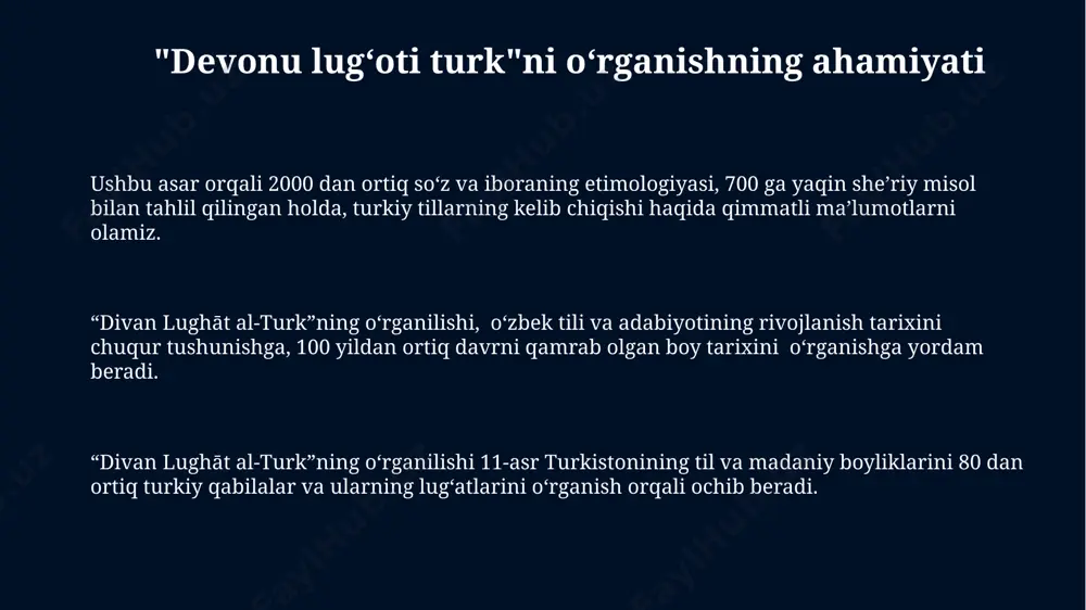 ng qamrovliligi uning 11-asrda qadimiy turkiston hududida, xususan, qocho shahrida yozilganligi bilan bogʻliq. “devonu lugʻoti turk” asari 72 bobdan iborat boʻlib, har bir bob turkiy tillar oilasiga mansub 100 ga yaqin soʻz va ularning sinonimlarini oʻz ichiga oladi. kitobning tuzilishi lugʻat, qofiyalar, matn namunalari va sheʼriy parchalarni birlashtirgan holda, taxminan 1000 dan ortiq soʻz va iboraning tahlilini oʻz ichiga oladi. e'tiboringiz uchun rahmat @taqdimot_robot image1.jpg