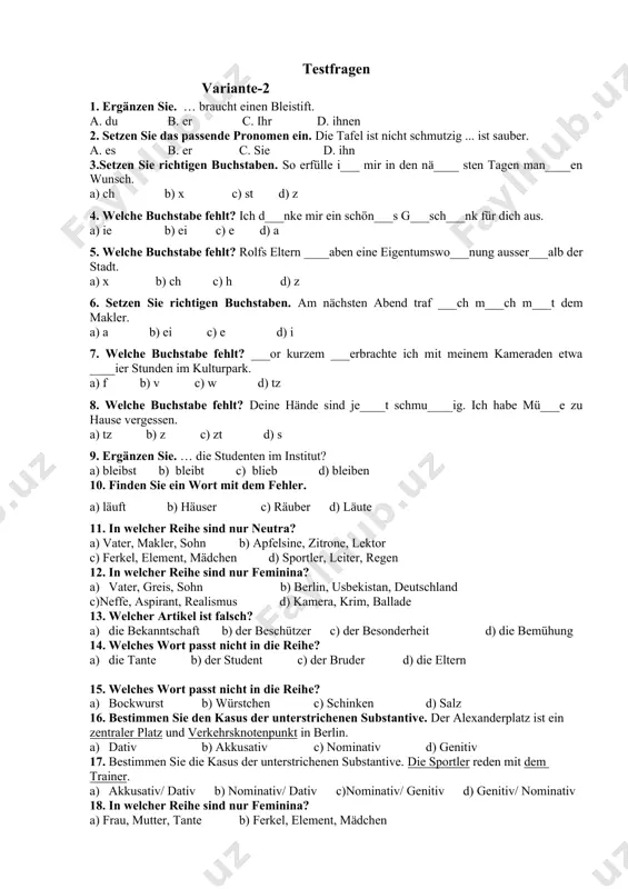 b) berlin, usbekistan, deutschland c)neffe, aspirant, realismus d) kamera, krim, ballade 13. welcher artikel ist falsch? a) die bekanntschaft b) der beschützer c) der besonderheit d) die bemühung 14. welches wort passt nicht in die reihe? a) die tante b) der student c) der bruder d) die eltern 15. welches wort passt nicht in die reihe? a) bockwurst b) würstchen c) schinken d) salz 16. bestimmen sie den kasus der unterstrichenen substantive. der alexanderplatz ist ein zentraler platz und verkehrsknotenpunkt in berlin. a) dativ b) akkusativ c) nominativ d) genitiv 17. bestimmen sie die kasus der unterstrichenen substantive. die sportler reden mit dem trainer. a) akkusativ/ dativ b) nominativ/ dativ c)nominativ/ genitiv d) genitiv/ nominativ 18. in welcher reihe sind nur feminina? a) frau, mutter, tante b) ferkel, element, mӓdchen c)vater, mekler, sohn d) sportler, leiter, röslein 19. bestimmen sie den kasus des unterstrichenen substantivs. die jungen streiten mit den …