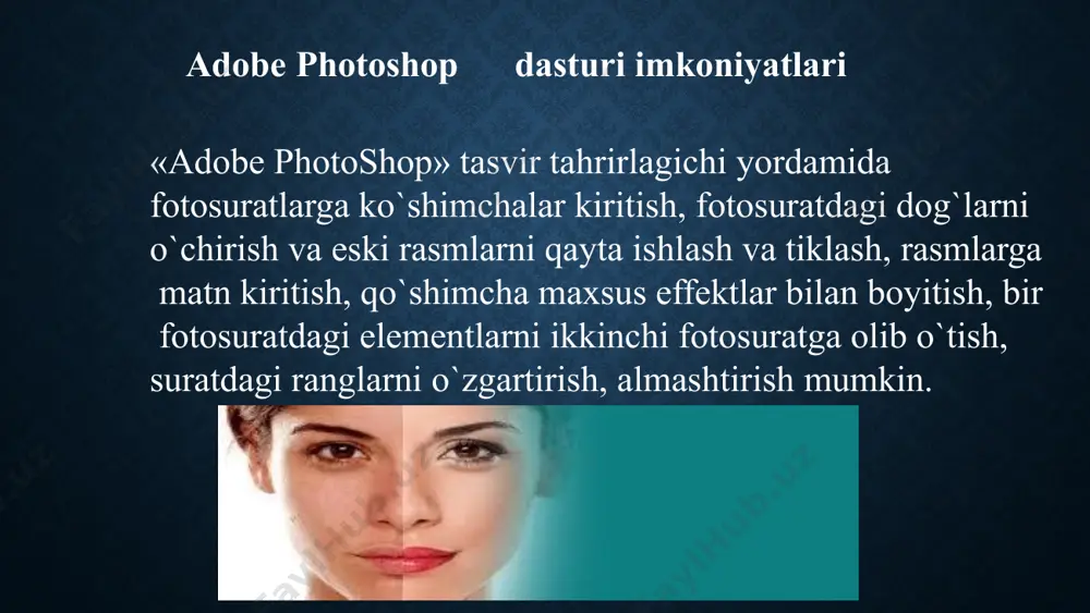 hа ustidа bir mаrtа bоsish оrqаli аsоsiy rаng vа fоn rаnggi stаndаrt rаnglаr - qоrа vа оq rаnggа аlmаshtirаdi. kompyuter grafikasi ommaviy tarzda qo‘llaniladi va tasvirlami kompyuter xotirasida saqlash uchun ko‘plab formatlar ishlab chiqilgan. ulardan ba’zilari keng tarqalgan, ba’zilari faqat tor sohada ishlatiladi. bmp (ingliz tilidagi bitmap picture) gif (graphics interchange format) tiff (ingliz tilidagi tagged image file format) jpeg (joint photographic experts group) pcx (pc exchange) raw (ingliz tilida raw) png (portable network graphics) pdf (ingliz tilida portable document format) grafik formatlar grafik formatlar bu formatlar yordamida tasvirlami nafaqat photoshopda, balki boshqa ilovalarda ham ochish va ular bilan ishlash mumkin. photoshop bu formatlardan tashqari o‘zining bir nechta maxsus formatiga ham ega. bu formatlar orasida ko‘p ishlatiladigani .psd kengaytmalisidir. bu formatda saqlangan tasvirda photoshopning barcha imkoniyatlari saqlab qo‘yiladi. shu sababli, qayta ishlash tugallanmagan tasvirlami shu formatda saqlash va kerak bo‘1ganda ulami qayta ishlashni davom ettirish mumkin. e`tiboringiz uchun rahmat image2.png …