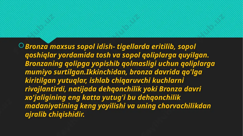 yirik maqbara va diniy inshoat bo'lgan. murdalar bilan bronzadan yasalgan qarmoqlar, o'roqlar, nayza uchlari, boltalar, metall qoldiqlari, tosh bolg'alar, sopol idishlar ko'milgan. shuningdek, suyak va toshdan yasalgan o'q uchlari, garpunlar, yorg'uchoqlar, loy va yog'ochdan yasalgan idishlar, odam va hayvonlar tasvirlangan haykalchalar, g'ildirak qismlari topilgan. research is the first step to results etiboringiz uchun tashakkur image2.jpeg image3.jpeg image4.jpeg /docprops/thumbnail.jpeg