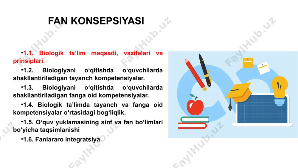 kompetensiyalar. 1.3. biologiyani o‘qitishda o‘quvchilarda shakllantiriladigan fanga oid kompetensiyalar. 1.4. biologik ta’limda tayanch va fanga oid kompetensiyalar o‘rtasidagi bog‘liqlik. 1.5. o‘quv yuklamasining sinflar bo‘yicha taqsimlanishi 1.6. fanlararo integratsiya № bo‘lim va boblar nomi soatlar taqsimoti jami nazariy amaliy mashg‘ulot, nazorat ishi loyiha ishi laboratoriya mashg‘uloti 1 tirik organizmlarning xilma-xilligi 10 8 2 - - 2 tiriklikning molekula va hujayra darajasi 3 2 - - 1 3 organ va organlar sistemasi 6 5 1 - - 4 oziqlanish 4 2 1 - 1 5 nafas olish 6 3 1 1 1 6 tirik organizmlarda moddalar transporti 4 2 1 - 1 7 ayirish (ekskresiya) 7 3 2 - 2 8 harakatlanish 3 2 1 - - 9 koordinatsiya va o‘z-o‘zini boshqarish 6 3 1 1 1 10 reproduksiya. o‘sish va rivojlanish 7 4 2 1 - 11 tur, populatsiya, ekosistema, biosfera 4 2 2 - - jami: 68 36 14+8 3 …