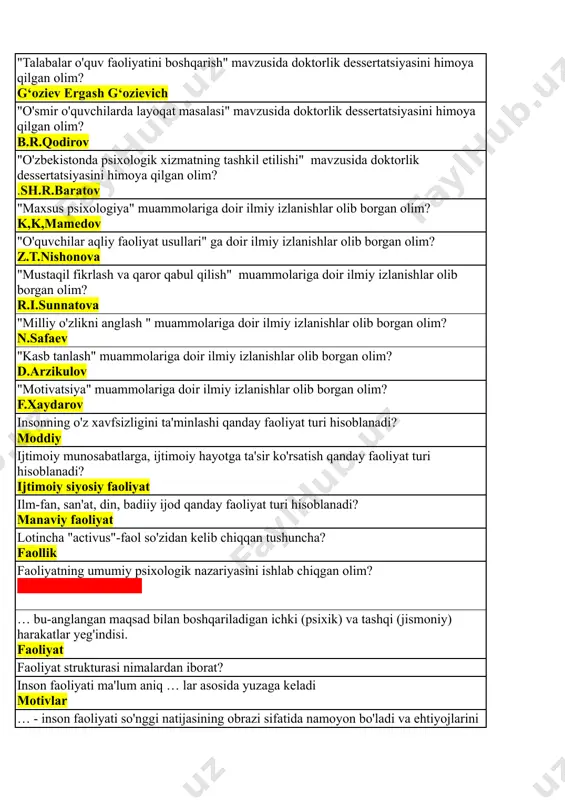 krlash va qaror qabul qilish" muammolariga doir ilmiy izlanishlar olib borgan olim? r.i.sunnatova "milliy o'zlikni anglash " muammolariga doir ilmiy izlanishlar olib borgan olim? n.safaev "kasb tanlash" muammolariga doir ilmiy izlanishlar olib borgan olim? d.arzikulov "motivatsiya" muammolariga doir ilmiy izlanishlar olib borgan olim? f.xaydarov insonning o'z xavfsizligini ta'minlashi qanday faoliyat turi hisoblanadi? moddiy ijtimoiy munosabatlarga, ijtimoiy hayotga ta'sir ko'rsatish qanday faoliyat turi hisoblanadi? ijtimoiy siyosiy faoliyat ilm-fan, san'at, din, badiiy ijod qanday faoliyat turi hisoblanadi? manaviy faoliyat lotincha "activus"-faol so'zidan kelib chiqqan tushuncha? faollik faoliyatning umumiy psixologik nazariyasini ishlab chiqgan olim? ?hhhhhhhhhhhhhhhh … bu-anglangan maqsad bilan boshqariladigan ichki (psixik) va tashqi (jismoniy) harakatlar yeg'indisi. faoliyat faoliyat strukturasi nimalardan iborat? inson faoliyati ma'lum aniq … lar asosida yuzaga keladi motivlar … - inson faoliyati so'nggi natijasining obrazi sifatida namoyon bo'ladi va ehtiyojlarini amalga oshiradi maqsad …- kishini faoliyatga undaydi va unga mazmun baxsh etadi motiv odamdagi maqsadga muvofiq harakatlarning amalga oshirilishi …