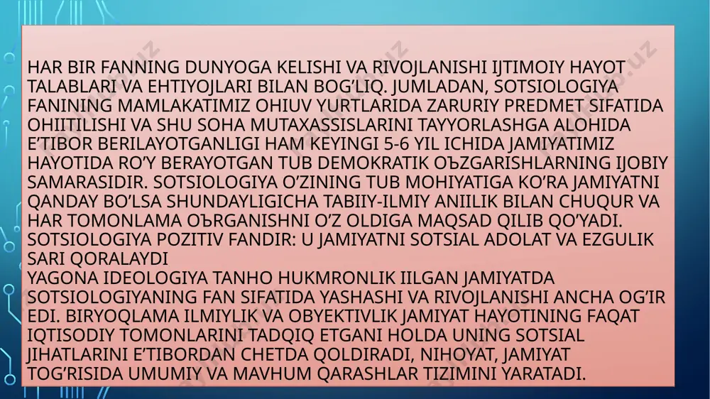rgansa, etika axloq rivojlanishining falsafiy-ilmiy asoslari va qonuniyatlarini tadqiq etadi. binoarin, har bir fanning predmeti deganda shu fan eъtibori qaratilgan odъekt ichidagi tor soha tushuniladi. sotsiologiya predmetiga berilayotgan taъriflarga nazar tashlasak, tadqiqot odъekti bilan tadqiqot predmetini ayniylashtirishni ham, tadqiqot predmetining ikkilamchi ahamiyatli sohalarini birinchi оъringa iohyish hollarini ham kuzatishimiz mumkin.sоъnggi yillarda ilmiy adabiyotlarda sotsiologiya predmetiga turlicha taъriflar berilyapti. iuyidagi taъrif kоъp jihatdan eъtiborga loyiidir: sotsiologiya sotsial munosabatlar va sotsial birliklarnyang rnvojlanish va amal qilish qonunlarini, bu funksiyalarning shaxs, sotsial guruh, sotsial birliklar, sinflar va xalqlar hayotida namoyon bоъlish xususiyatlarini оъrganadi. bir sоъz bilan aytganda, sotsiologiyaning predmeti sotsial munosabatlar va sotsial birliklardir. sotsiologiya uchun kishi bilan kishilar, inson bilan jamoa va inson bilan jamiyat оъrtasida vujudga keladigan, qaror topadigan va amal qiladigan sotsial munosabatlar muhimdir.sotsiologiya fanini kishilar, sotsial guruhlar va jamiyat оъrtasida vujudga keladigan ijtimoiy munosabatlar (siyosiy, iqtisodiy, oilaviy, diniy, ilmiy, huiuiiy, milliy va hokazo) emas, balki sotsial munosabatlar qiziqtiradi. sotsiologiya …